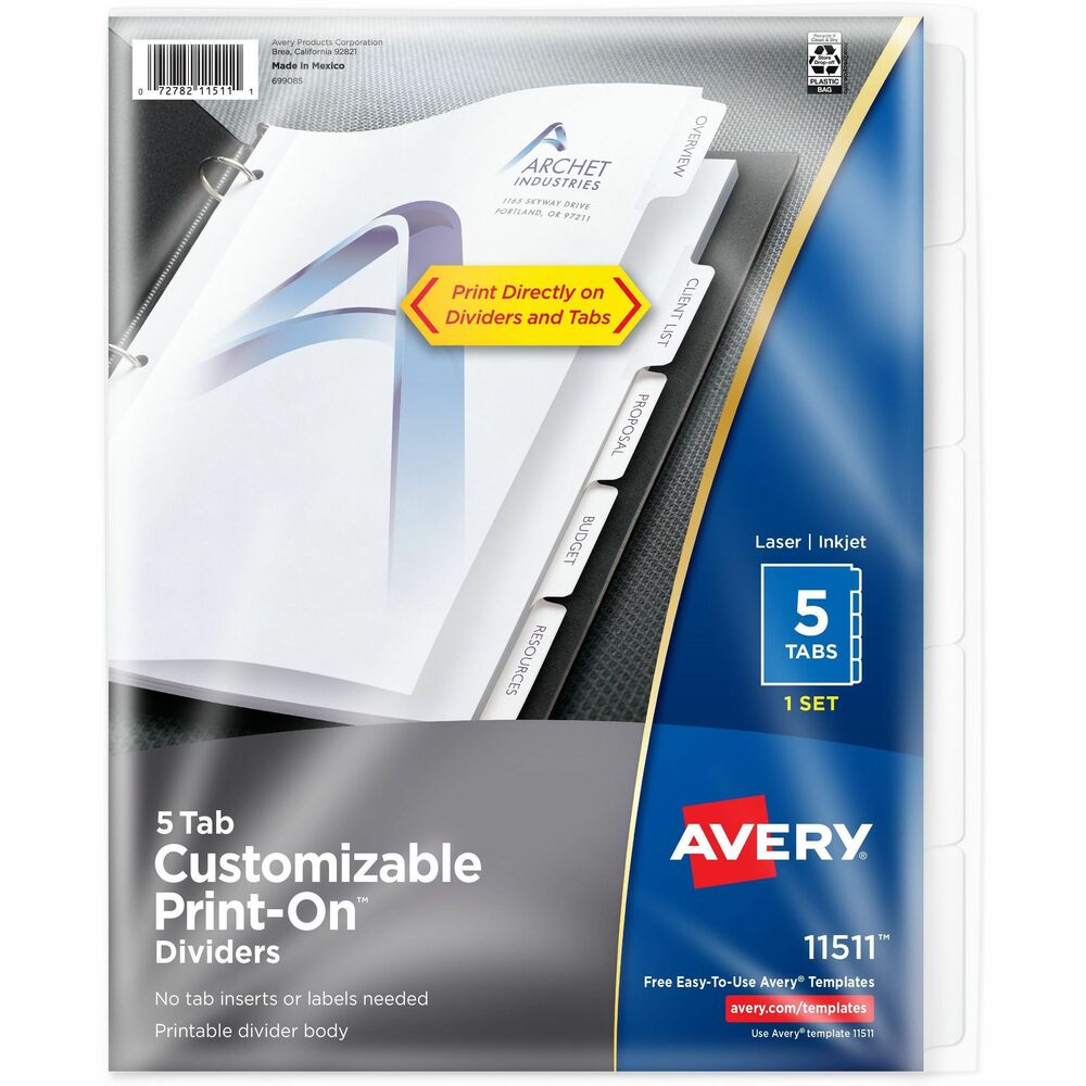 AVE11511 - Create a lasting impression with customizable Avery 11511 Print-On(TM) Dividers. Perfect for client proposals, service menus or presentations, they're three-hole punched and ready to use. They're also great for wedding planners, scrapbooks and recipes. In just one pass through any printer, you can personalize both the divider sheet and tab for a unique, professional-looking presentation in minutes. No labels to apply. Easily create and format high quality projects with templates and designs on the Avery site.    More from the Manufacturer