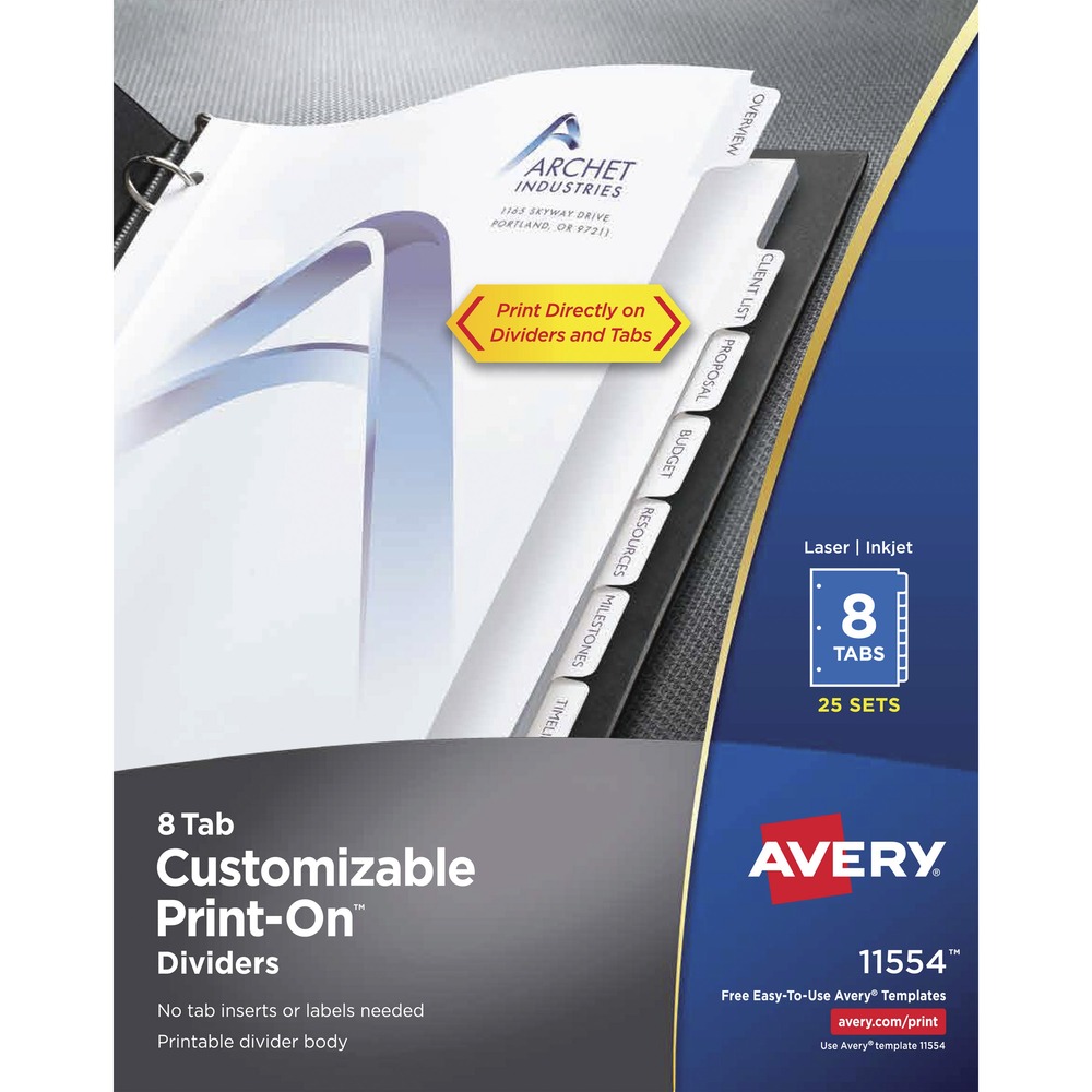 AVE11554 - Create a lasting impression for your business with customizable Print-On Dividers. Perfect for client proposals, service menus or presentations, they're three-hole punched and ready to use. They're also great for wedding planners, scrapbooks and recipes. Save time by printing directly on the divider. Add text or graphics to both the divider sheet and tab in one pass through the printer. No labels to apply. Easily create and format high-quality projects in minutes with free online templates and designs. Print-on dividers are compatible with both inkjet and laser printers. More from the Manufacturer