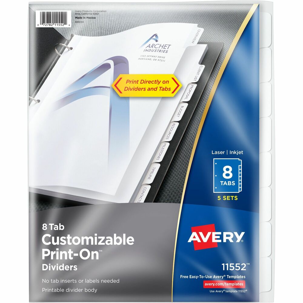 AVE11552 - Create a lasting impression for your business with customizable Print-On Dividers. Perfect for client proposals, service menus or presentations, they're three-hole punched and ready to use. They're also great for wedding planners, scrapbooks and recipes. Save time by printing directly on the divider. Add text or graphics to both the divider sheet and tab in one pass through the printer. No labels to apply. Easily create and format high-quality projects in minutes with free online templates and designs. Print-on dividers are compatible with both inkjet and laser printers. More from the Manufacturer