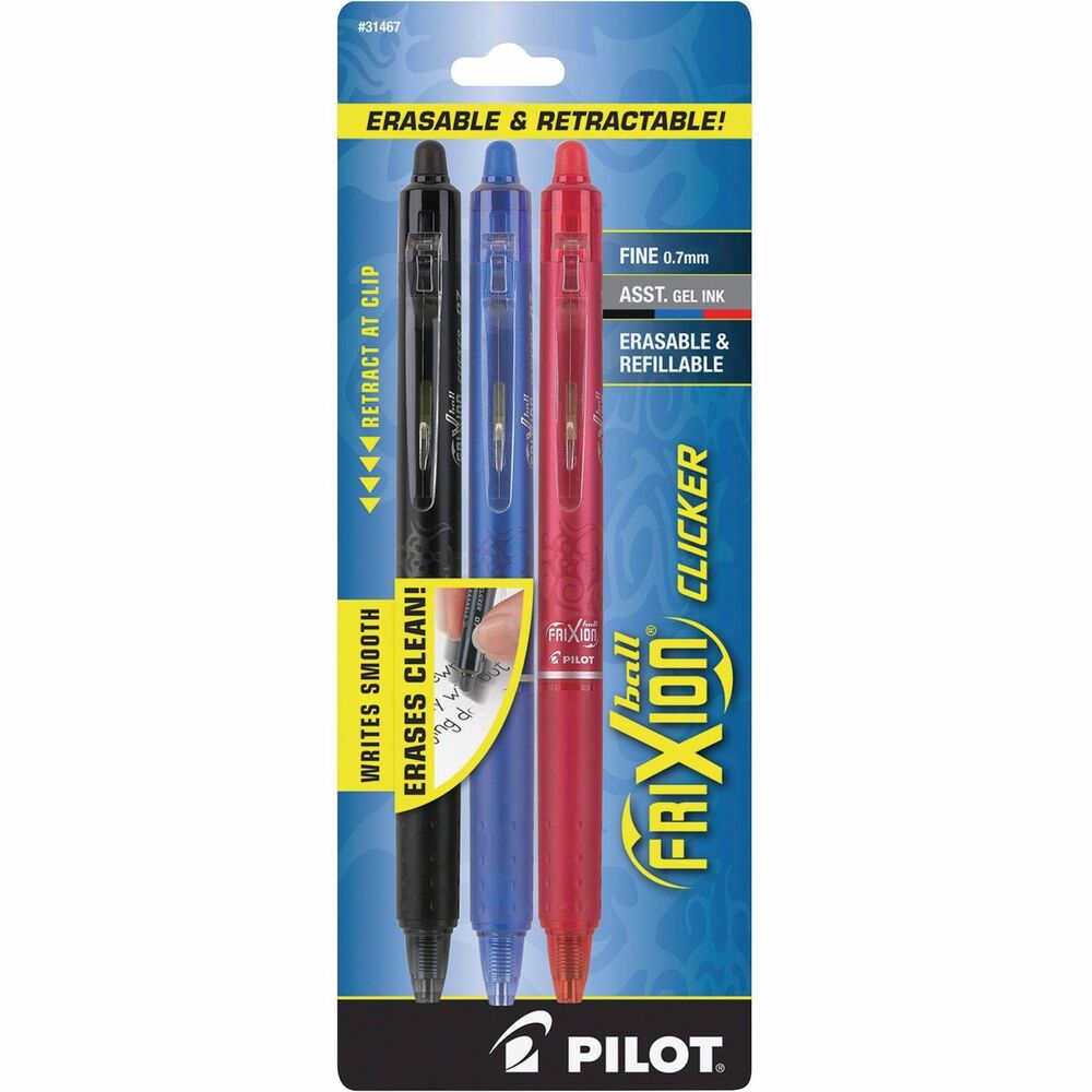 PIL31467 - FriXion Clicker Erasable Gel Pens combine the convenience of a retractable with incredible, erasable FriXion ink. Erase and rewrite repeatedly without damaging documents. Thermo-sensitive, gel ink disappears with erasing friction of latex-free, rubber plug eraser on the pen. Erasing leaves no residue or debris. Pen can write on the same spot that has been erased. Retractable gel pen delivers smooth-writing gel ink and is not recommended for signatures, examination papers or official documents where writing needs to remain permanent or for exposure to extreme temperatures. Retract by pressing the clip down.