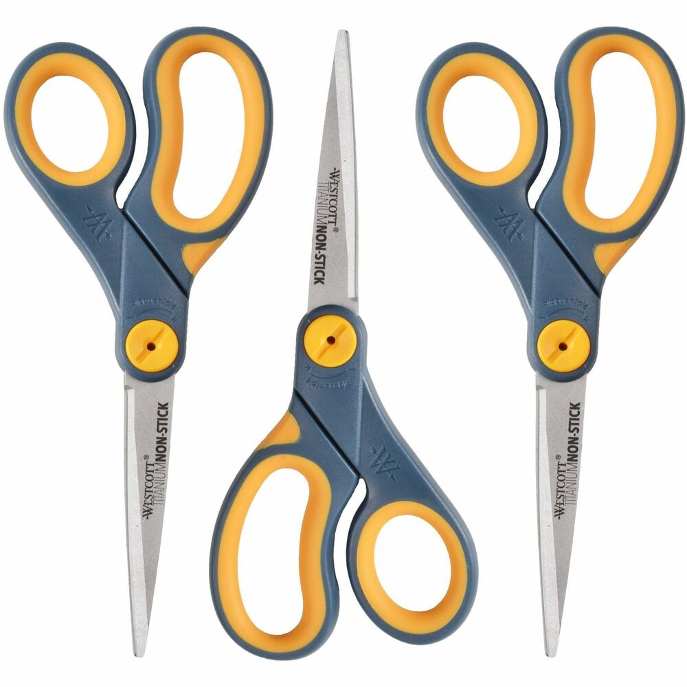 ACM15454 - 8" scissors feature titanium-bonded blades with a unique nonstick, permanent coating. Blades stay sharper longer and resist adhesives from tapes and glues. Use scissors to cut tape, hook-and-loop fasteners or other adhesives. Titanium blades are six times harder than stainless steel. Straight handles are made with plastic along the exterior perimeter and rubber along the interior for comfort. Use for right-handed or left-handed cutters. Scissors are ideal for the mailroom, art room and scrapbooking.