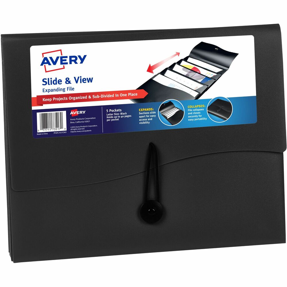 AVE73517 - Easily identify and organize your ongoing projects with this innovative expanding file. When the poly file is open, the five separate sections slide apart for quick access and visibility. To save space, the file easily collapses, and an elastic closure keeps documents secure when you're on-the-go. Each durable section can hold up to 40 letter-size sheets. More from the Manufacturer