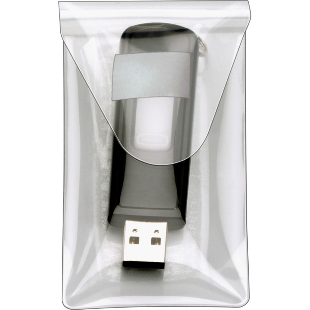 CRD21140 - Clear USB pocket holds and protects your USB drive. Resealable flap closure keeps contents secure. Transfer-safe poly will not damage your USB drive. Adhesive backing sticks to most surfaces. Closed size of the HOLDit! USB Pocket is 2" x 3-7/16".