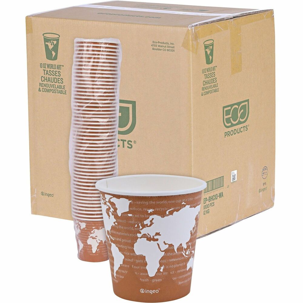 ECOEPBHC10WA - Hot drink cups offer a PLA inner lining to ensure a leakproof seal without the use of conventional plastic. Lining is made of a plant-based resin. Smooth rolled rim ensures comfortable use and a secure lid fit. The exterior design features a map of the world with the land masses in white. Cups are made from renewable resources including paper and with an inner lining made with a natural plastic made from corn. Paper hot cups are not recommended for microwaves.