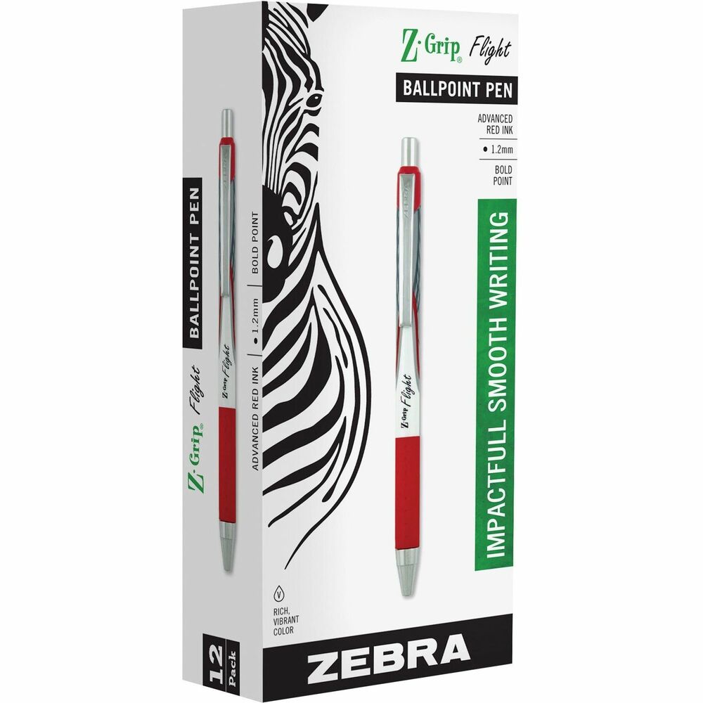 ZEB21930 - Z-Grip Flight Retractable Pens deliver low-viscosity ink that combines the functionality of a ballpoint pen with the smoothness of a gel for an effortless write. Metal clip and nose cone offer durability. Soft rubber grip allows writing comfort. Nonrefillable pen also features a 1.2mm bold point. More from the Manufacturer