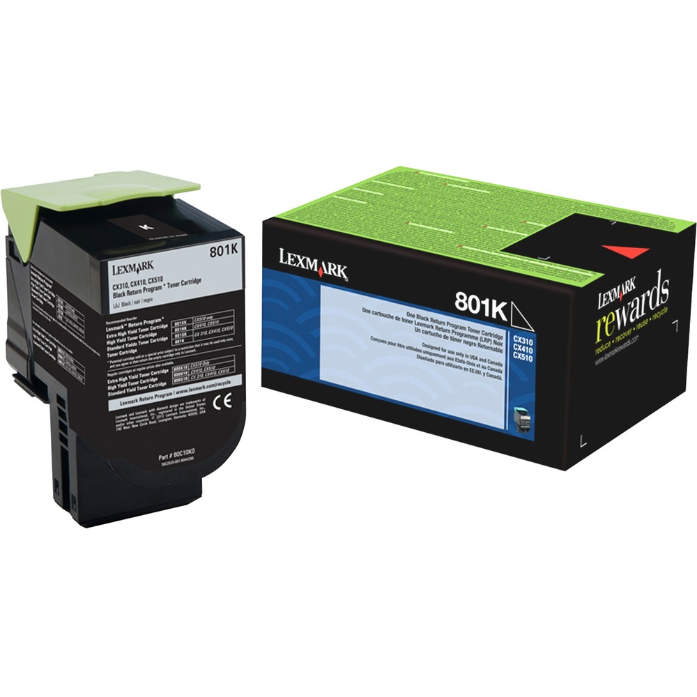 LEX80C10K0 - Return Program toner cartridge is essential to Lexmark print system performance and designed for use in Lexmark CX310dn, CX310n, CX410de, CX410e, CX410dte, CX510de, CX510dhe and CX510dthe. Unison Toner's unique formulation consistently delivers outstanding image quality, ensures long-life print system reliability and promotes superior sustainability - all in an innovative, shake-free print system. Standard yield of approximately 1,000 pages is perfect for low-volume printing. Lexmark Return Program cartridges are patented print cartridges sold at a discount in exchange for the customer's agreement to the license requirement that the cartridges will be used only once and returned only to Lexmark for remanufacturing or recycling. These patented cartridges are licensed for single use only and will stop working after delivering a fixed amount of ink and/or toner. Ink and/or toner may remain in the cartridge when replacement is required.