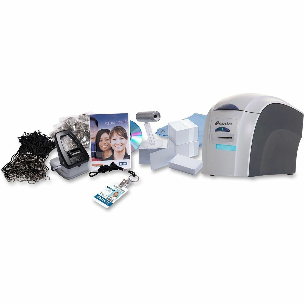 SRX36490001K1 - Complete Access Kit is the complete solution to a company starting an identification program. The kit contains everything you need to create your own custom-designed badges from start to finish. Magicard Pronto printer prints single-sided cards with a print speed of 35 seconds for color and 7 seconds for monochrome. Magicard MA300YMCKO color ribbon is capable of producing 300 prints. Kit also includes 100 percent PVC cards (30 mil thick); 120 black ring lanyards; backdrop, 3-in-1 slot punch; 500 strap clips; Asure ID Solo 7 ID card software; and Credential Cam web camera. More from the Manufacturer