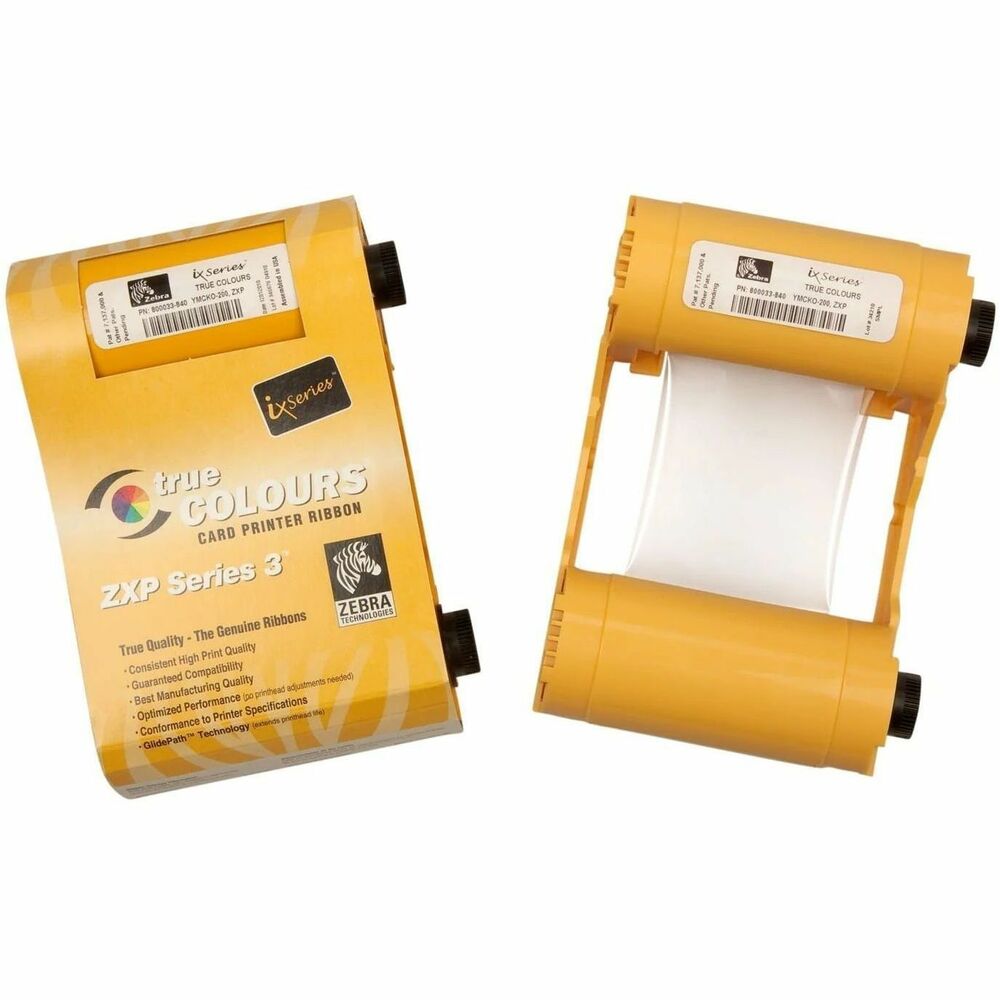 SRX800033840 - Color ribbon is especially designed for printing a combination of full-color images and one-color text or bar codes in the Zebra ZXP Series 3 ID Card Printer. The YMCKO ribbon yields 200 images. More from the Manufacturer