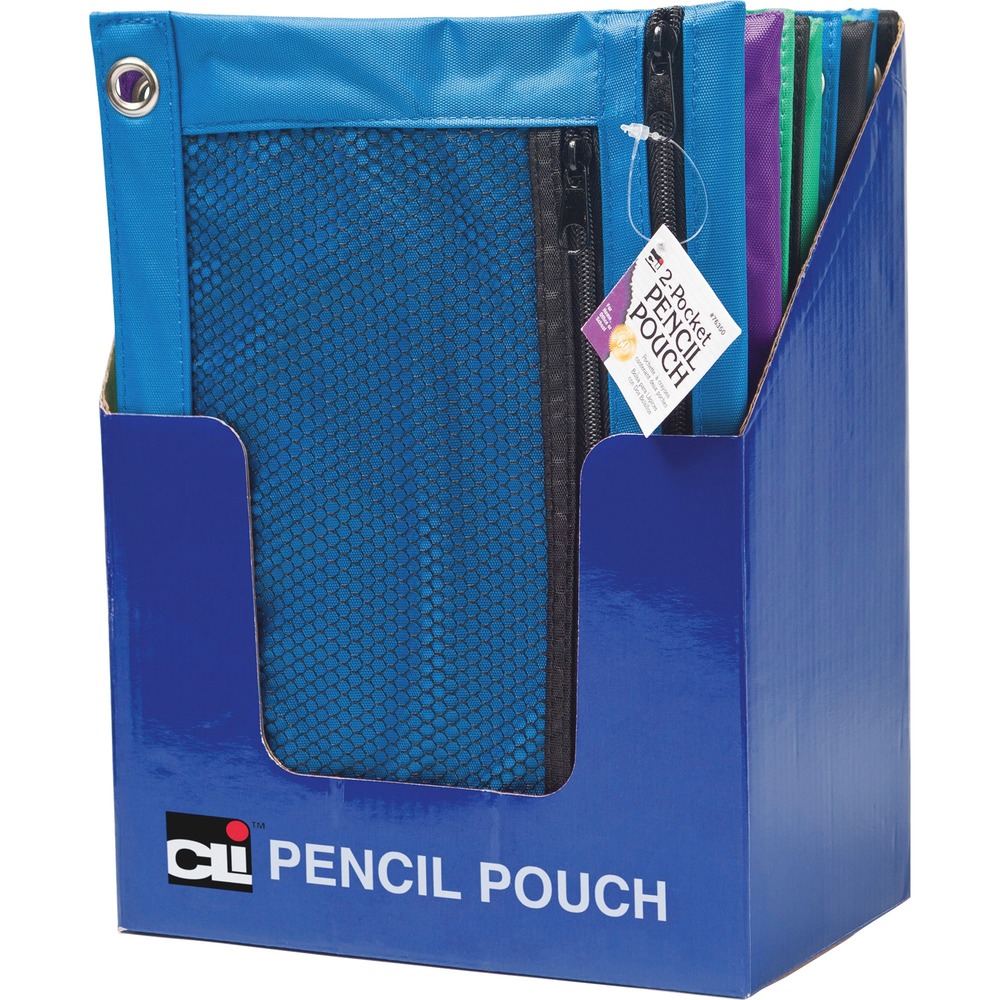 LEO76350ST - Double-pocket pencil pouches feature a mesh front for easy viewing as well as a spacious main pocket to store your pencils. Reinforced grommet holes along the edge allow the pouch to fit easily into a three-ring binder. Durable construction provides long-lasting use. Pouches come in assorted colors: black, blue, purple and green.