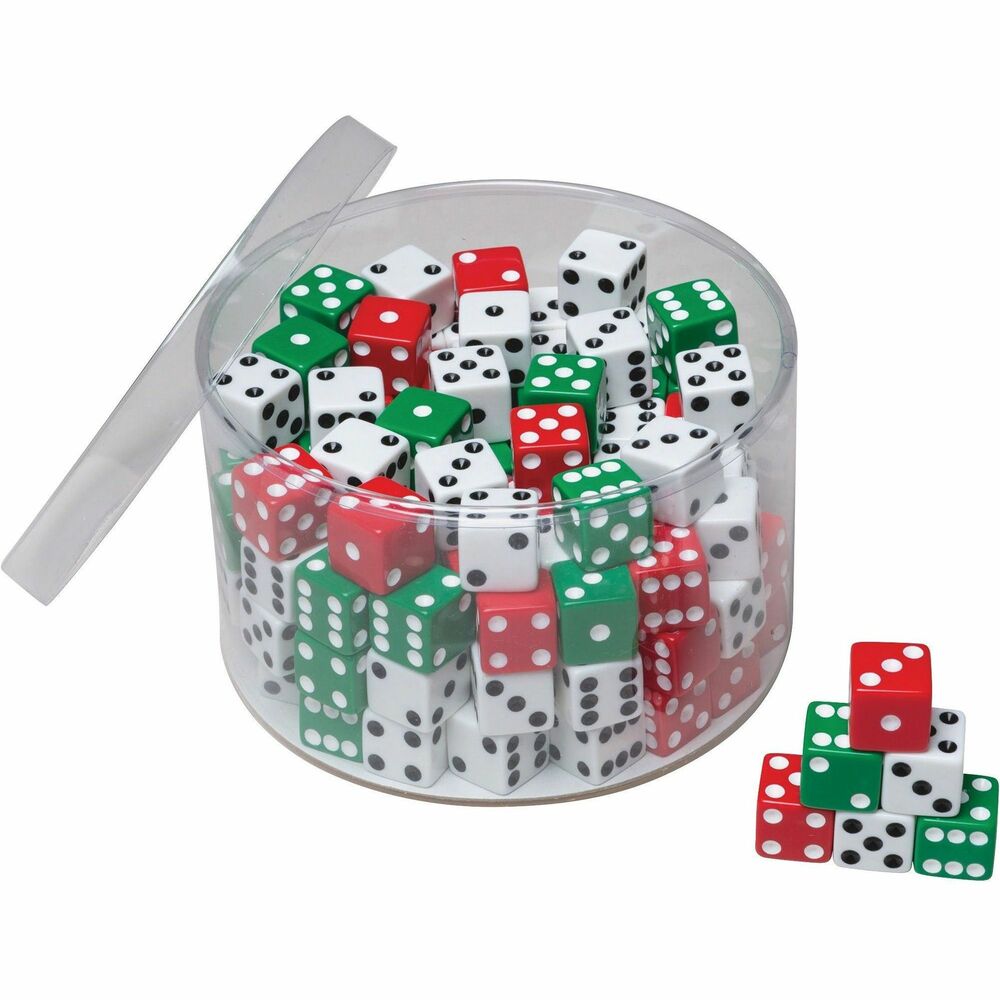 PAC707 - Keep plenty of dice on hand for board games, sorting and counting activities. These red, green and white dice come in sturdy plastic drum for convenient storage. Large dice cubes at 5/8" are easy to toss and read. Color assortment is 72 in white and 36 each in red and green.