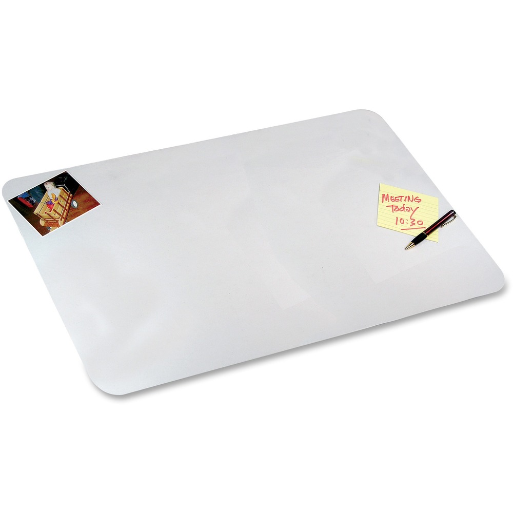AOP7060 - Poly clear desk pad improves handwriting while protecting your desktop from scratches and stains. See-through design lets you display lists, charts, schedules and photos under it for quick reference. Made from environmentally preferable, recyclable material, the desk pad is infused with antimicrobial product protection to inhibit growth of stain-causing bacteria.