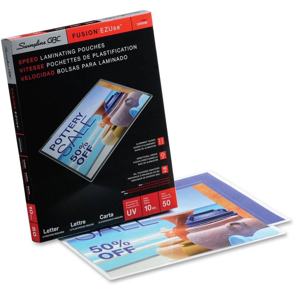 GBC3200599 - Easy-to-use laminating pouches quickly provide outstanding lamination accuracy. EZUse alignment guides magically disappear after lamination to simplify the lamination process. Alignment guides make centering documents easy. Directional arrows indicate which edge of the pouch should be loaded into the laminator first to prevent confusion. Ultraviolet protection preserves color integrity and prevents yellowing up to 10 times longer than standard pouches. Letter-size speed pouch is sealed on the long side to enable it to quickly run through the laminating machine for time-saving performance.