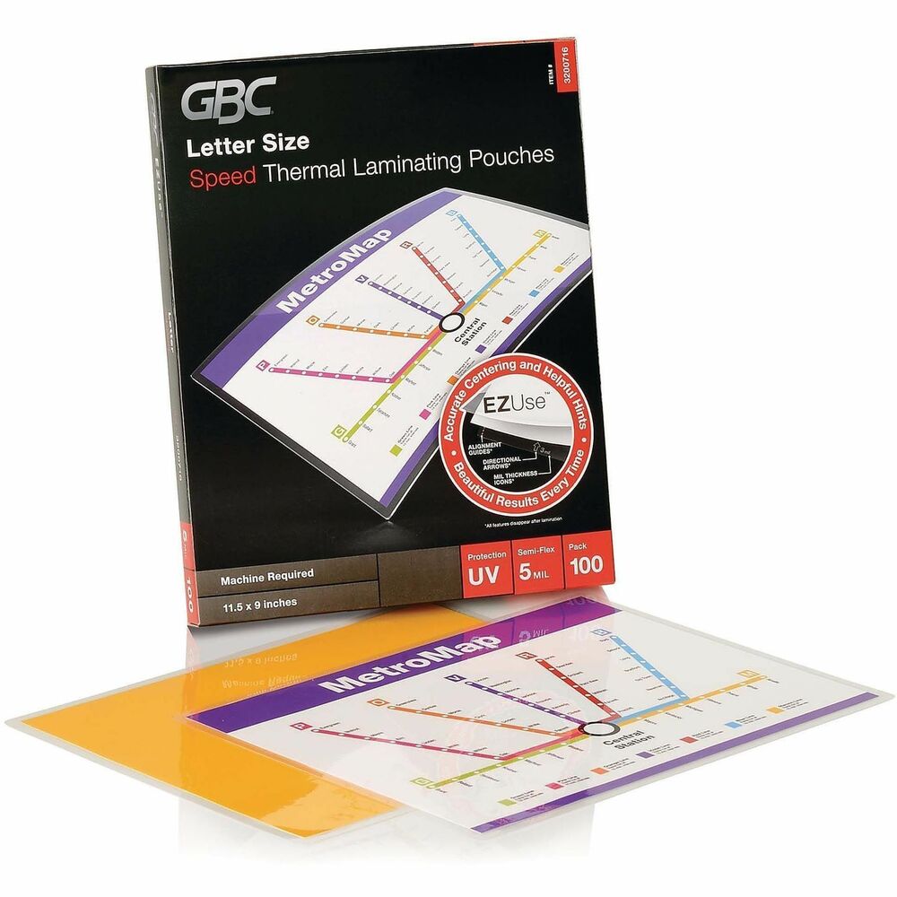 GBC3200716 - Easy-to-use laminating pouches quickly provide outstanding lamination accuracy. EZUse alignment guides magically disappear after lamination to simplify the lamination process. Alignment guides make centering documents easy. Directional arrows indicate which edge of the pouch should be loaded into the laminator first to prevent confusion. Ultraviolet protection preserves color integrity and prevents yellowing up to 10 times longer than standard pouches. Letter-size speed pouch is sealed on the long side to enable it to quickly run through the laminating machine for time-saving performance.