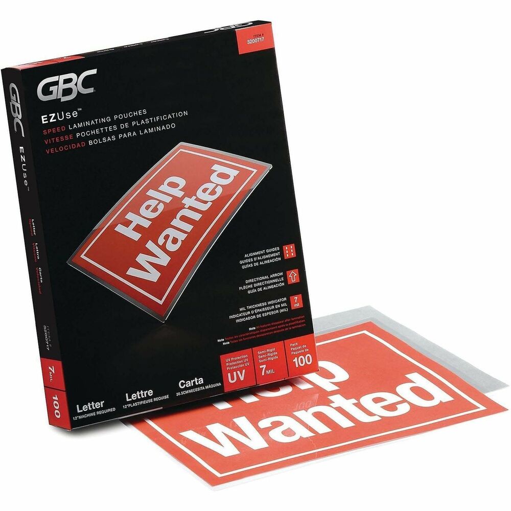 GBC3200717 - Easy-to-use laminating pouches quickly provide outstanding lamination accuracy. EZUse alignment guides magically disappear after lamination to simplify the lamination process. Alignment guides make centering documents easy. Directional arrows indicate which edge of the pouch should be loaded into the laminator first to prevent confusion. Ultraviolet protection preserves color integrity and prevents yellowing up to 10 times longer than standard pouches. Letter-size speed pouch is sealed on the long side to enable it to quickly run through the laminating machine for time-saving performance.