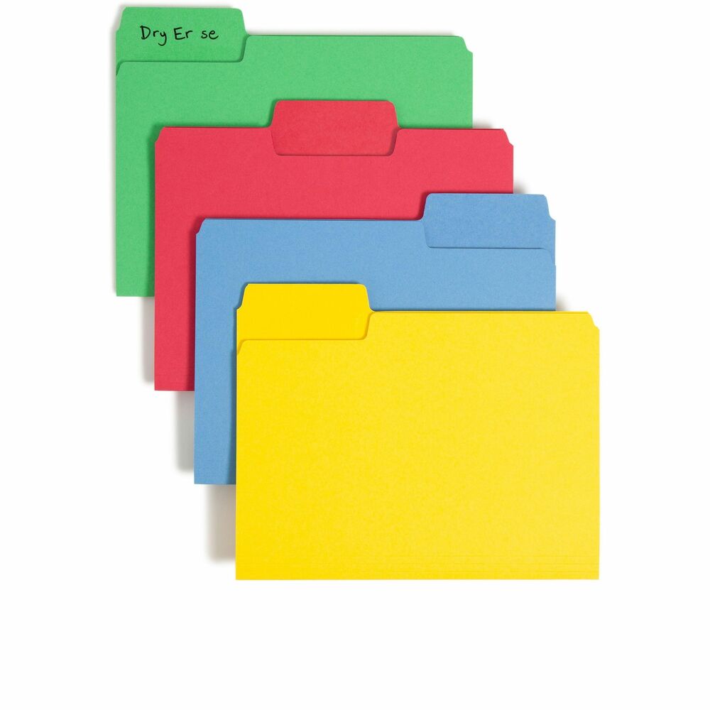 SMD10480 - Find critical files fast with these SuperTab file folders. Get nearly double the labeling area of standard file folders on the oversized tabs so you can write larger or use more lines of description. Write, erase and relabel the erasable surface of these 1/3-cut tab. Tabs are in assorted positions for easy access and identification. Sturdy, durable file folders fit any vertical or lateral filing system and are made of colorful, 11 point stock for color-coding. Assorted colors include blue, green, red and yellow. More from the Manufacturer
