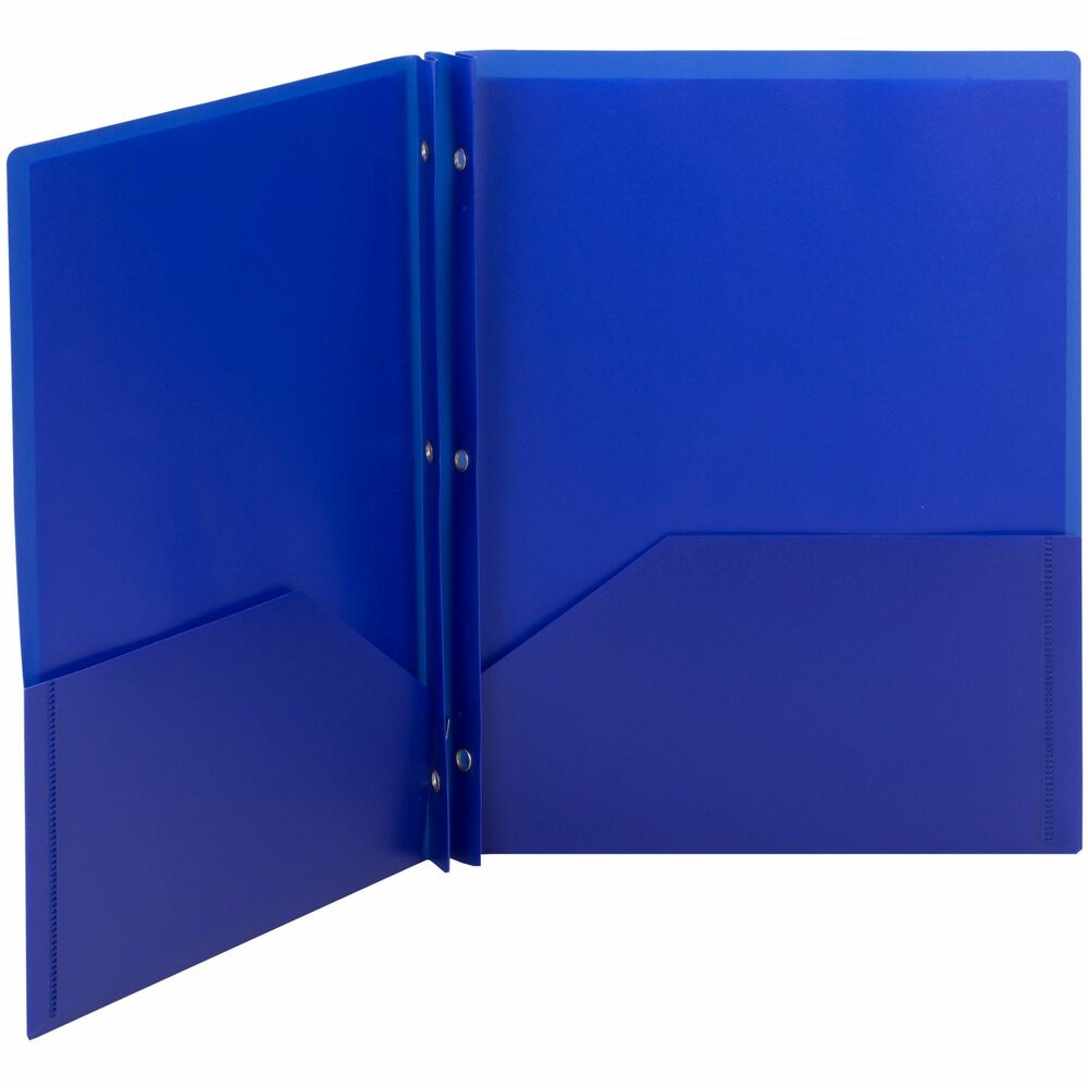 SMD87726 - Durable, polypropylene, two-pocket folders are perfect for all types of presentations, proposals and projects. They allow easy storage and transport while keeping your letter-size documents organized and easily accessible. The large pocket holds up to 50 sheets each. Metal, tang-style fasteners hold up to 80 three-hole punched papers. Inside back pocket is die-cut to hold a business card. Durable poly material is tear-resistant, water-resistant and easy to clean.