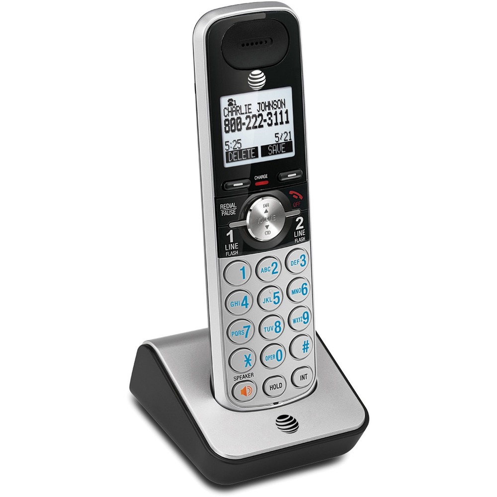 ATTTL88002 - Accessory handset with Caller ID and Call Waiting provides reliable long-range coverage for excellent call clarity. Handset speakerphone leaves your hands free to do things and lets more people in on the conversation. Backlit LCD displays the name, number, time and date of up to 50 incoming calls. High-contrast black text on a white background provides an easy-to-read screen to view incoming Caller ID or review call history. Noise-filtering technology allows you to take calls virtually anywhere without sacrificing sound quality. Handset is designed for use with the AT&T two-line answering system with dual Caller ID and Call waiting (sold separately).