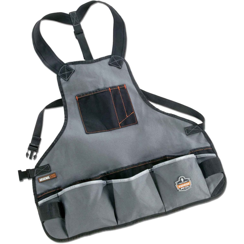 EGO13690 - Arsenal 5700 Heavy-Duty Tool Apron features 16 pockets to keep tools organized and accessible in the shop or on the work site. Ergonomically designed with wide shoulder straps for comfortable all-day wear, this one-size-fits-most tool apron is adjustable to fit a variety of chest and waist sizes (28" to 52"). It is made with a heavy-duty, 14 oz. cotton duck canvas for durable, long-lasting use. Quick-release buckle closure allows easy on/off. Apron includes a three-compartment pocket on the chest, five waist pockets for larger tools or a cell phone and eight waist pockets for small tools, pens and hardware. Two hammer loops are included for quick storage and easy access to hammers. Reflective trim enhances visibility. This canvas tool apron is ideal for shop work, including woodworking, carpentry, automotive and mechanical. It is also great for hobbyists and at-home DIY projects.