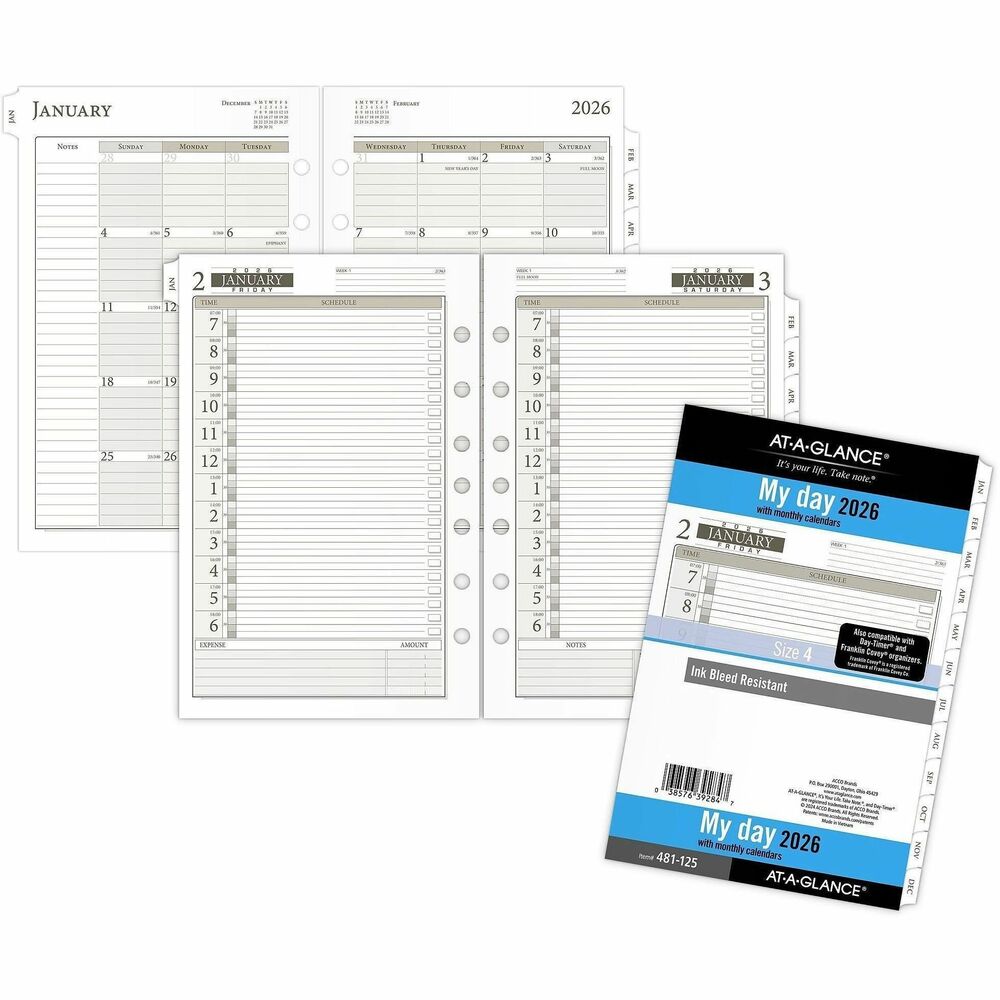 AAG481125 - Daily calendar refill provides a detailed approach to planning your day with quarter-hourly appointment times in a simple, daily format on each page. Dated planning pages range 12 months from January to December. High-quality paper features superior ink bleed-resistance. One-page-per-day format includes quarter-hourly appointments from 7 AM to 7 PM with room for extra notes and expenses. Tabbed, two-page-per-month spreads feature ruled daily blocks for detailed planning and a column for notes. Pages measure 5-1/2" x 8-1/2" and are pre-punched for use in a seven-ring planner (sold separately).