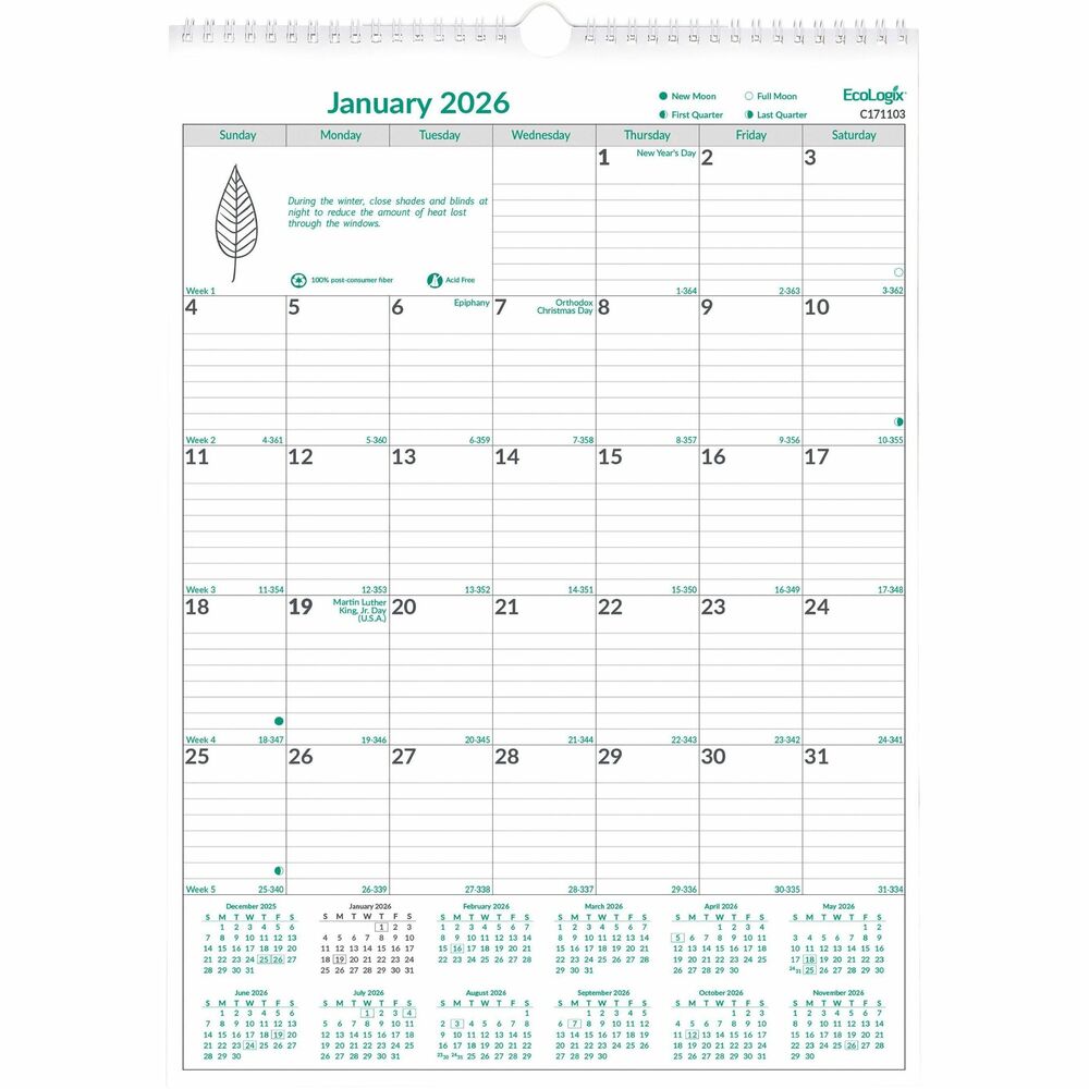 REDC171103 - EcoLogix is a complete line of planners and calendars made with 100% post-consumer recycled paper that contributes to saving the environment. Ecological tips are included to help consumers discover new ways of being eco-friendly.12 months, January to DecemberEcological tips on each page100% post-consumer recycled paper, 90% recycled metalOne month per sheet, one block per dayCountdown of days passed and days to come, highlights holidays and phases of the moonYearly calendar at the bottom of each sheetTwin-wire binding with eyelet to suspendReinforced chipboard backerFSC CertifiedSize: 12"" x 17""English