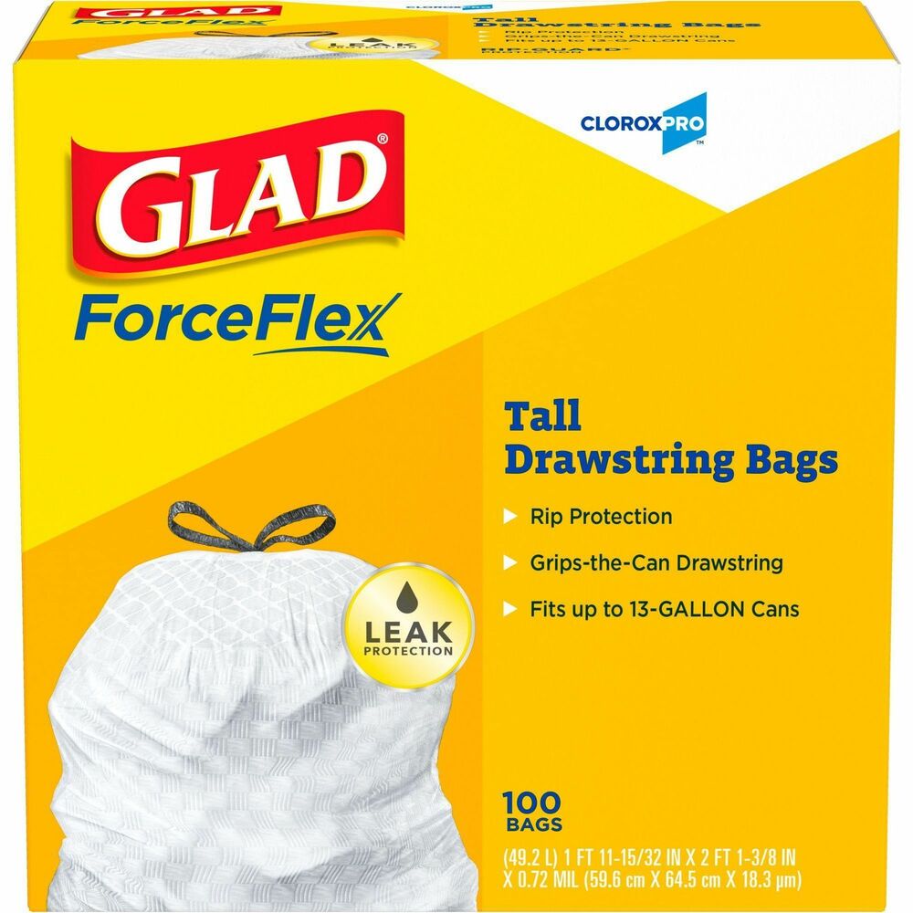 CLO78526 - Keep your trash contained with the durability and quality of these Glad Tall Kitchen Drawstring Trash bags. ForceFlex technology gives extra flex as it expands around sharp edges and heavy loads to let you pack it in without ripping. Dual-layered construction RipGuard and LeakGuard technology resists punctures, rips and tears, and the seepage of liquids. The Grips-The-Can Drawstring ensures that the bag stays in place and provides a three-ply handle to easily lift, carry and toss the bag. Tough and resilient, Glad can handle some abuse so shake the trash deeper into the bag while keeping everything contained. The 13-gallon size is perfect for the kitchen or throughout the office and is great for your seasonal cleaning needs.