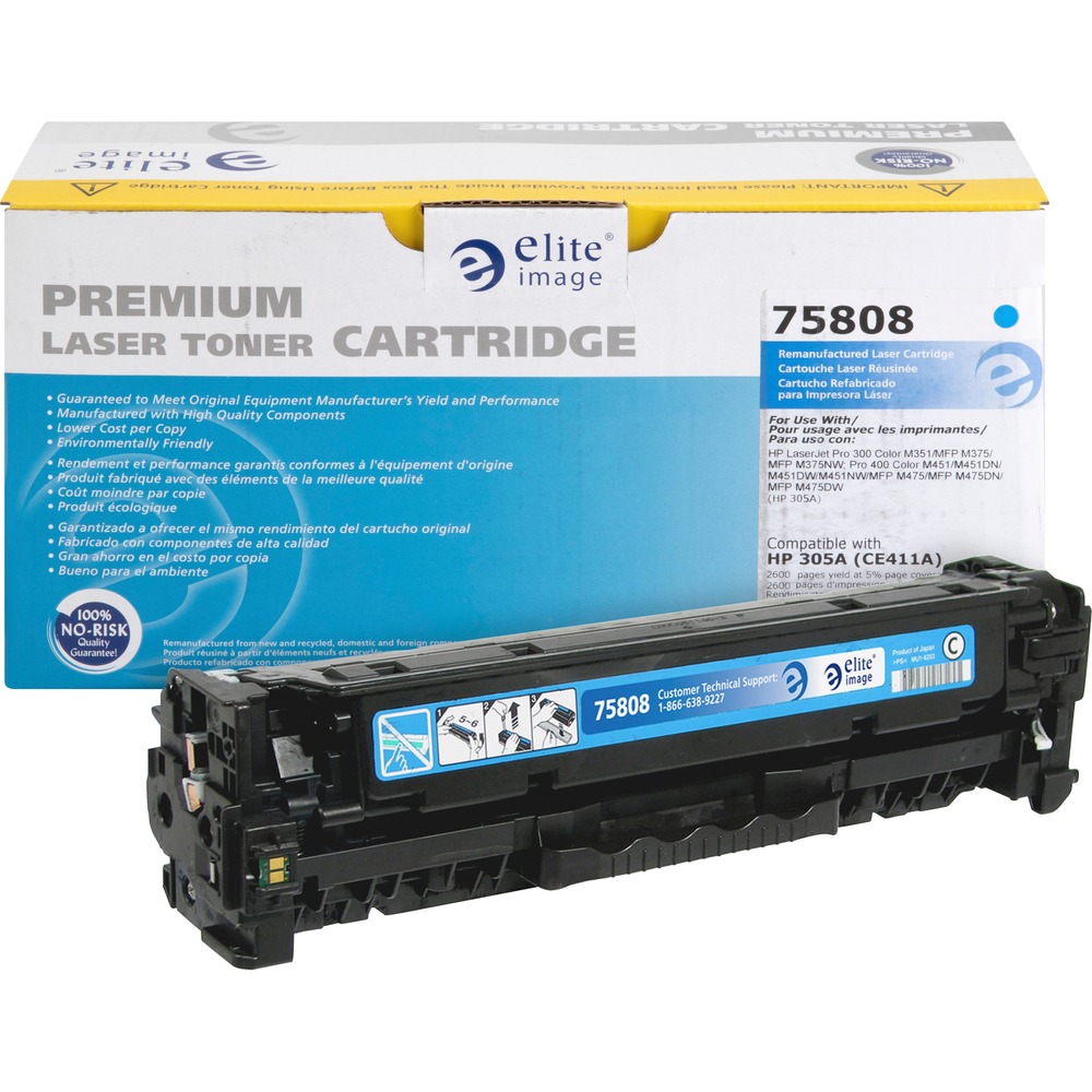 ELI75808 - Toner cartridge is designed for use with Hewlett-Packard LaserJet Pro 300 Color M351, MFP M375, MFP M375nw; Pro 400 Color M451, M451dn, M451dw, M451nw, MFP M475, MFP M475dn and MFP M475dw. Remanufactured cartridge yields approximately 2,600 pages. Elite Image is ISO certified. More from the Manufacturer