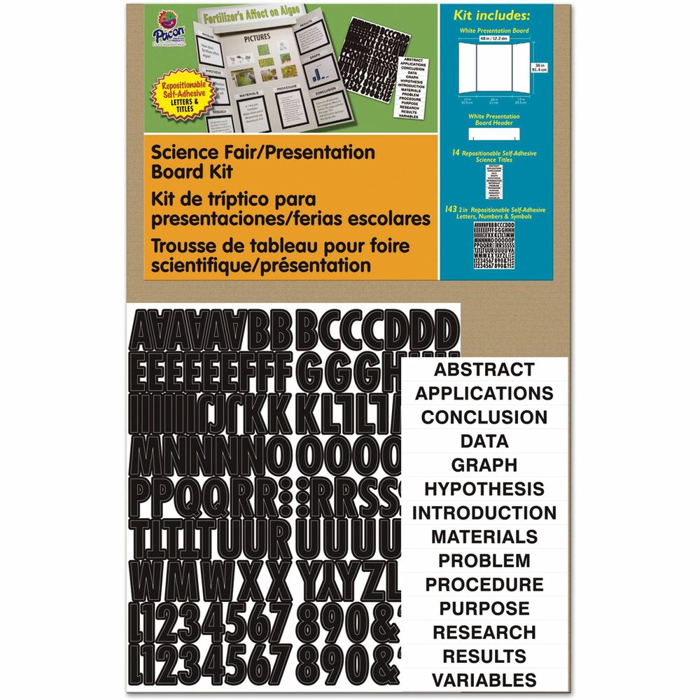 PAC3793 - This convenient kit includes all the essential project materials needed for quickly creating a professional-looking display board. Kit includes one white corrugated, 48" x 36" presentation board; one white corrugated header; 143 self-adhesive and reusable black letters, numbers and symbols; and 14 self-adhesive science titles (Abstract, Applications, Conclusion, Data, Graph, Hypothesis, Introduction, Materials, Problem, Procedure, Purpose, Research, Results and Variables).