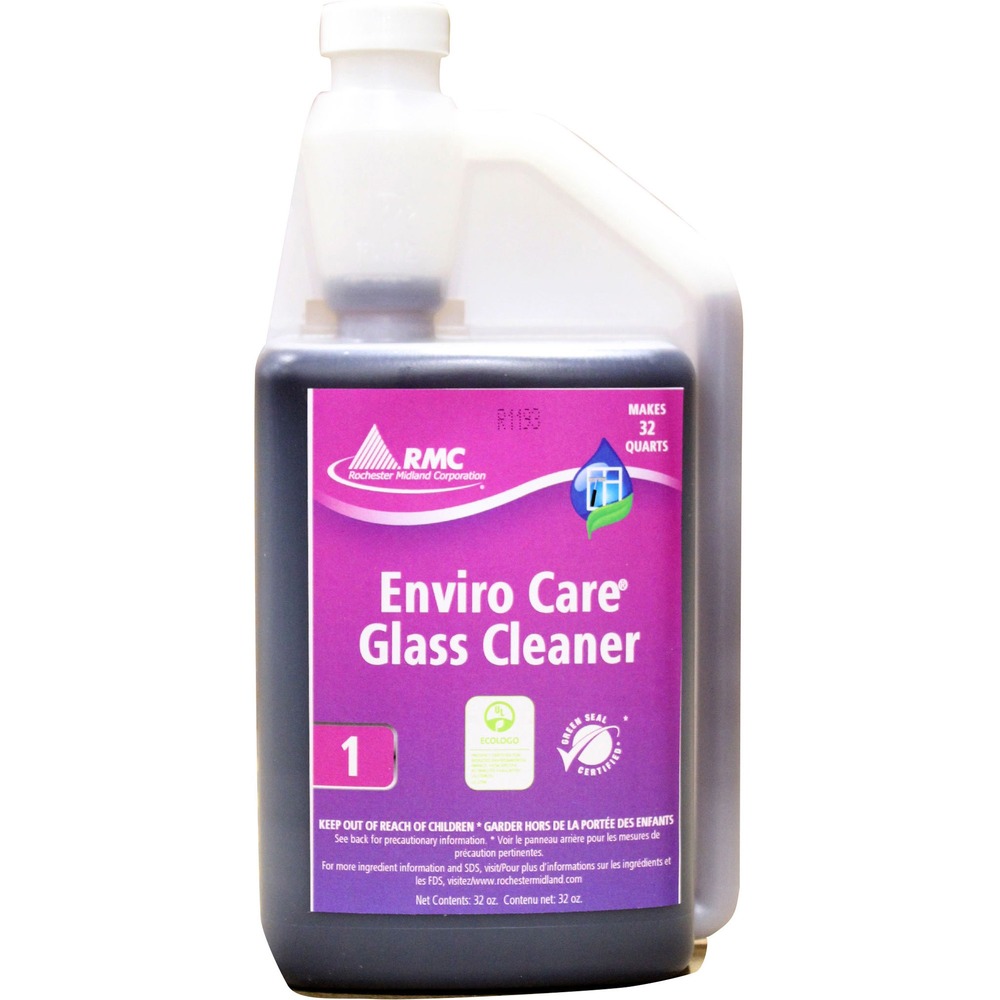 RCM12001014 - Bio-based glass cleaner is a convenient, accurate and green complete solution for your glass cleaning needs. Enviro mix packaging allows you to accurately and easily mix concentrates with a built-in measurement system in a designated spray bottle (sold separately). Simply squeeze and fill the upper chamber with concentrate to then pour the cleaner into your spray bottle and fill with water for easy cleaning. Enviro Care Glass Cleaner leaves glass and mirrors streak-free. Use also on enamel, stainless steel, chrome, formica, plastic tile, ceramic tile and other polished surfaces. VOC-compliant formula contains no ammonia or alcohol. Dilution ratio is 1 oz. of cleaner per 31 oz. of water.