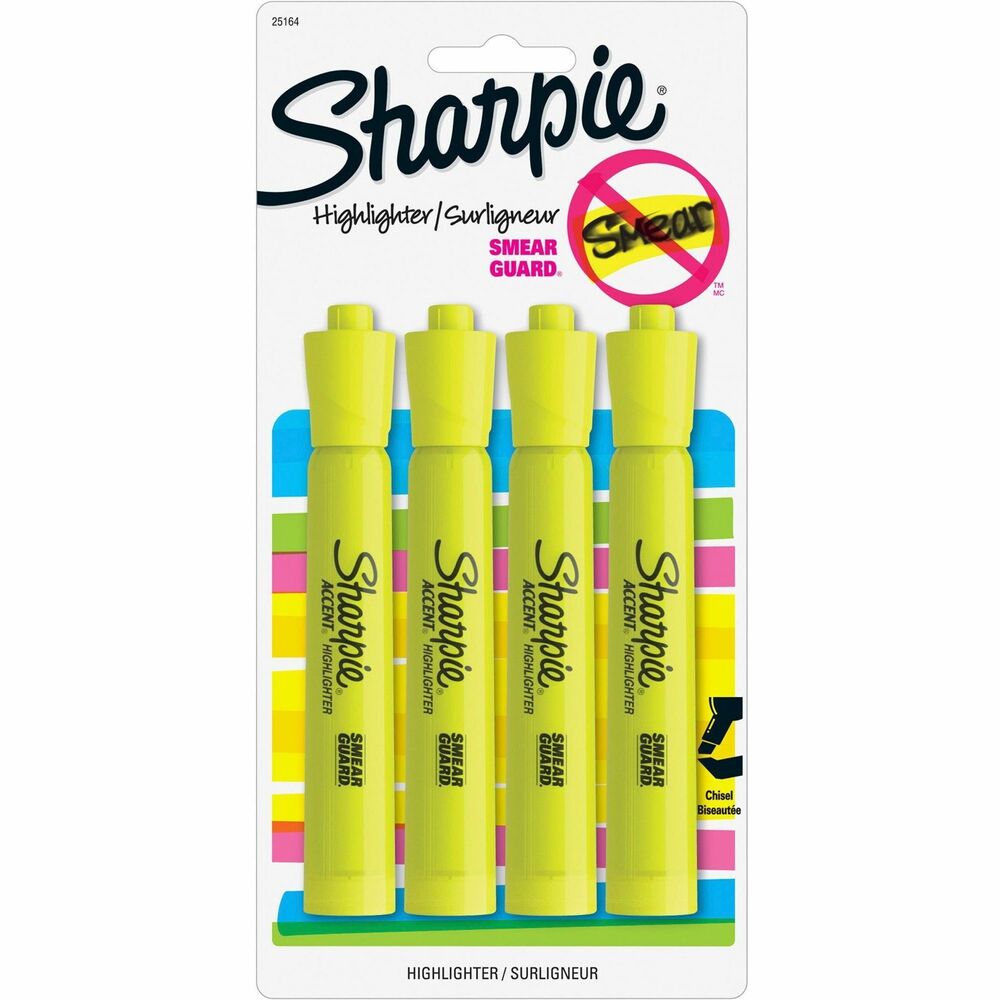 SAN25164PP - Sharpie Highlighters feature a tank style and easy gliding chisel tip for a smooth highlighting experience. The chisel tip lets you highlight both wide and narrow lines of text. Smear Guard ink is specially formulated not to smear when highlighting over many pen and inks, such as inkjet printouts, written notes, newspapers and more. Bright, see-through colors make your highlighted text easy to read. Certified AP nontoxic ink is odorless and quick-drying. Let ink dry before highlighting. More from the Manufacturer