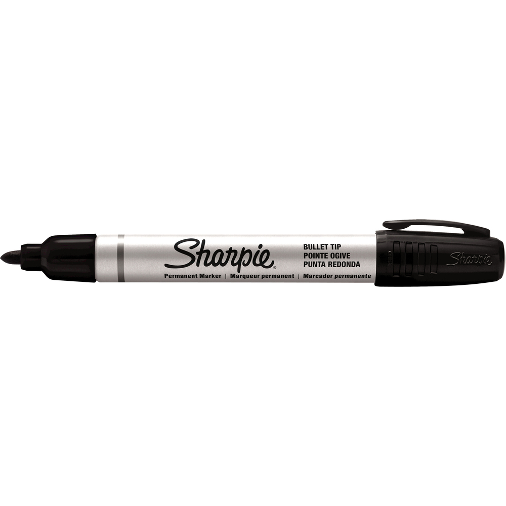 SAN1794229 - Sharpie Pro Bullet Tip Marker marks on wet and oily surfaces and most surfaces for a versatile, permanent marking tool. Ideal for marking corrugate, wood, metal, foil, stone, plastic, leather, and more. The durable tip and metal barrel withstand heavy use. Certified AP nontoxic ink is fade-resistant, water-resistant and xylene-free. Cap snaps on easily and features a clip to attach pen to notebooks, pockets and more.