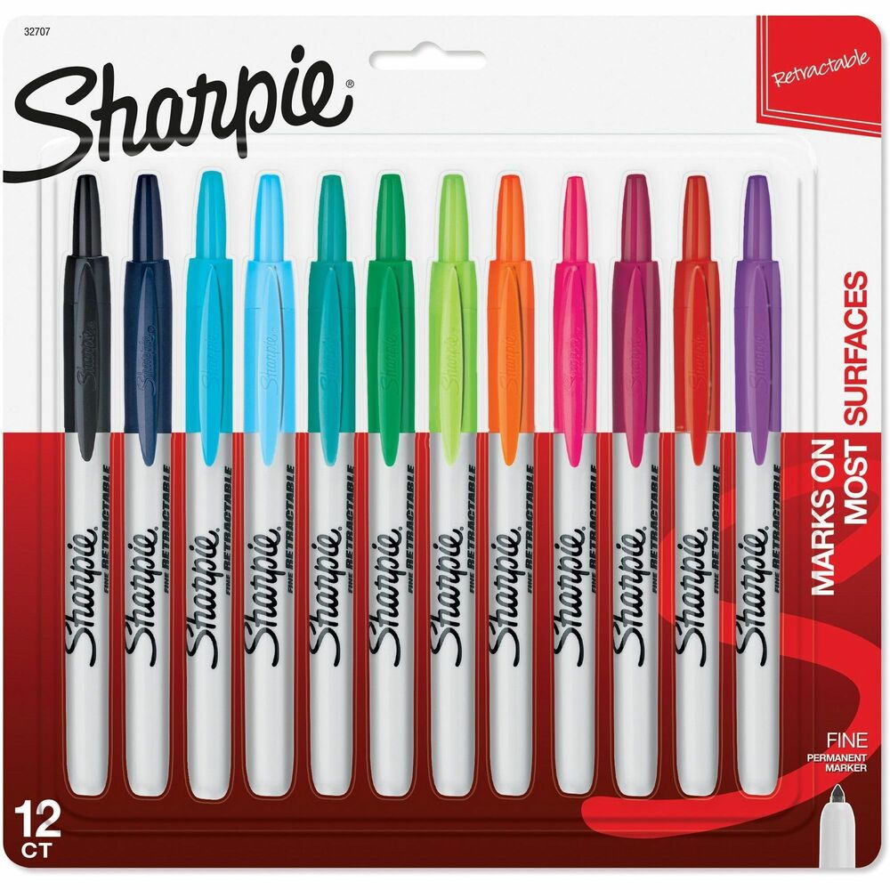 SAN32707 - Sharpie is available in a retractable marker for easy one-handed operation. The unique Safety Seal Valve design prevents dryout. Retractable feature means no cap to remove or lose. Sharpie Marker leaves a permanent mark on most surfaces. This quick-drying, certified AP nontoxic ink delivers a superior marking performance. The 12-color pouch includes black, navy, blue, turquoise, aqua, green, lime, orange, red, berry, purple and magenta. More from the Manufacturer