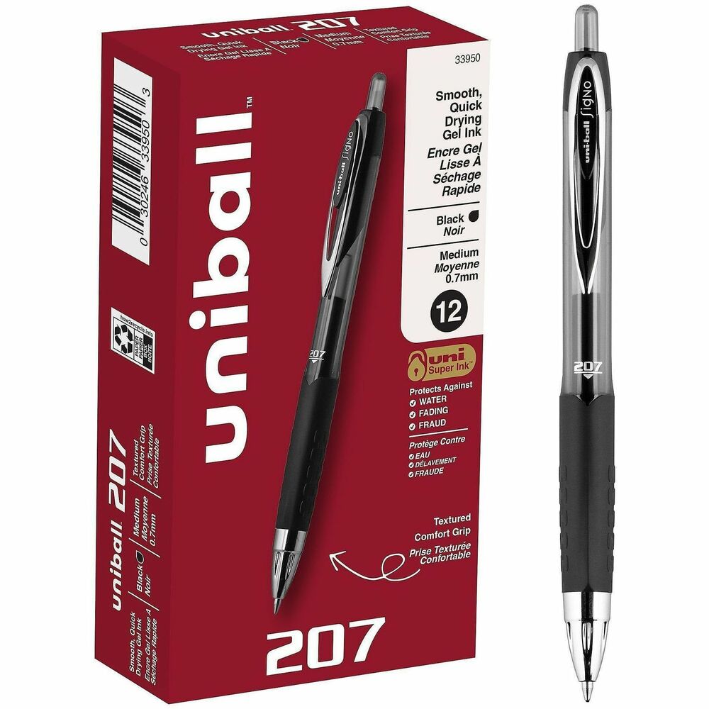 UBC33950 - Stock your office, home or classroom with 207 Retractable Gel Pens from uniball featuring a 0.7mm medium point with a stainless steel tip that resists bending and breaking. Even-flowing, pigment-based gel ink delivers a smooth writing experience for intense, vibrant lines, ensuring that every mark is brilliantly communicated. Use these retractable gel pens for everyday writing tasks, check signing and all of your important signatures, trusting its quick-drying uni Super Ink. Innovative uni Super Ink technology effectively entraps the gel ink into the paper, producing fraud, fade and water-resistant documents that resist check washing or bleaching. The 0.7mm medium point strikes the perfect balance between bold and detailed lines. A textured grip offers greater comfort and control as you continue writing, while a translucent ink window indicates the level of gel ink remaining, so you don't run out unexpectedly. The sleek design of the 207 with modern metal accents gives the retractable gel pen a stylish touch.