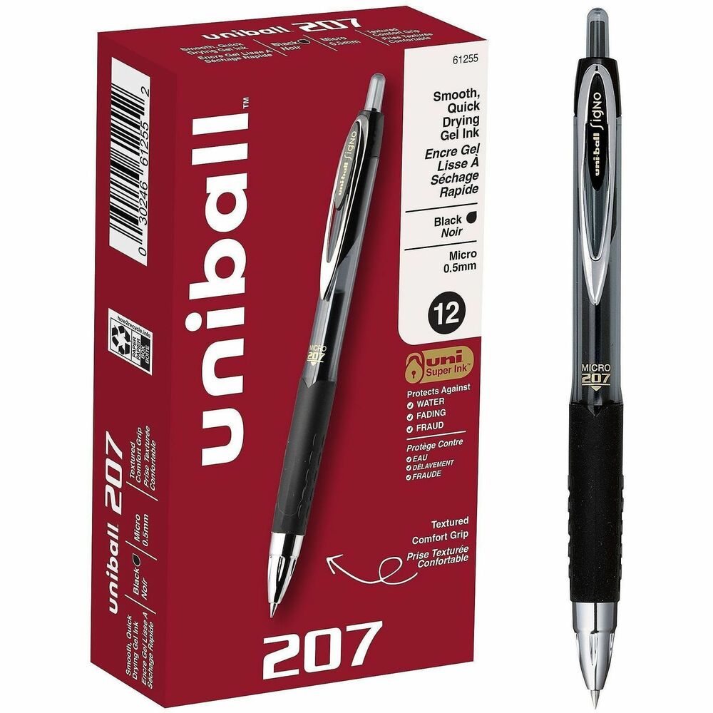 UBC61255 - Stock your office, home or classroom with 207 Retractable Gel Pens from uniball featuring a 0.5mm micro point with a stainless steel tip that resists bending and breaking. Even-flowing, pigment-based gel ink delivers a smooth writing experience for intense, vibrant lines, ensuring that every mark is brilliantly communicated. Use these retractable gel pens for everyday writing tasks, check signing and all of your important signatures, trusting its quick-drying uni Super Ink. Innovative uni Super Ink technology effectively entraps the gel ink into the paper, producing fraud, fade and water-resistant documents that resist check washing or bleaching. The 0.5mm micro point produces neat and precise strokes for detailed writing and drawing. A textured grip offers greater comfort and control as you continue writing, while a translucent ink window indicates the level of gel ink remaining, so you don't run out unexpectedly. The sleek design of the 207 with modern metal accents gives the retractable gel pen a stylish touch.