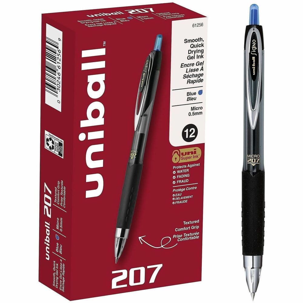 UBC61256 - Stock your office, home or classroom with 207 Retractable Gel Pens from uniball featuring a 0.5mm micro point with a stainless steel tip that resists bending and breaking. Even-flowing, pigment-based gel ink delivers a smooth writing experience for intense, vibrant lines, ensuring that every mark is brilliantly communicated. Use these retractable gel pens for everyday writing tasks, check signing and all of your important signatures, trusting its quick-drying uni Super Ink. Innovative uni Super Ink technology effectively entraps the gel ink into the paper, producing fraud, fade and water-resistant documents that resist check washing or bleaching. The 0.5mm micro point produces neat and precise strokes for detailed writing and drawing. A textured grip offers greater comfort and control as you continue writing, while a translucent ink window indicates the level of gel ink remaining, so you don't run out unexpectedly. The sleek design of the 207 with modern metal accents gives the retractable gel pen a stylish touch.