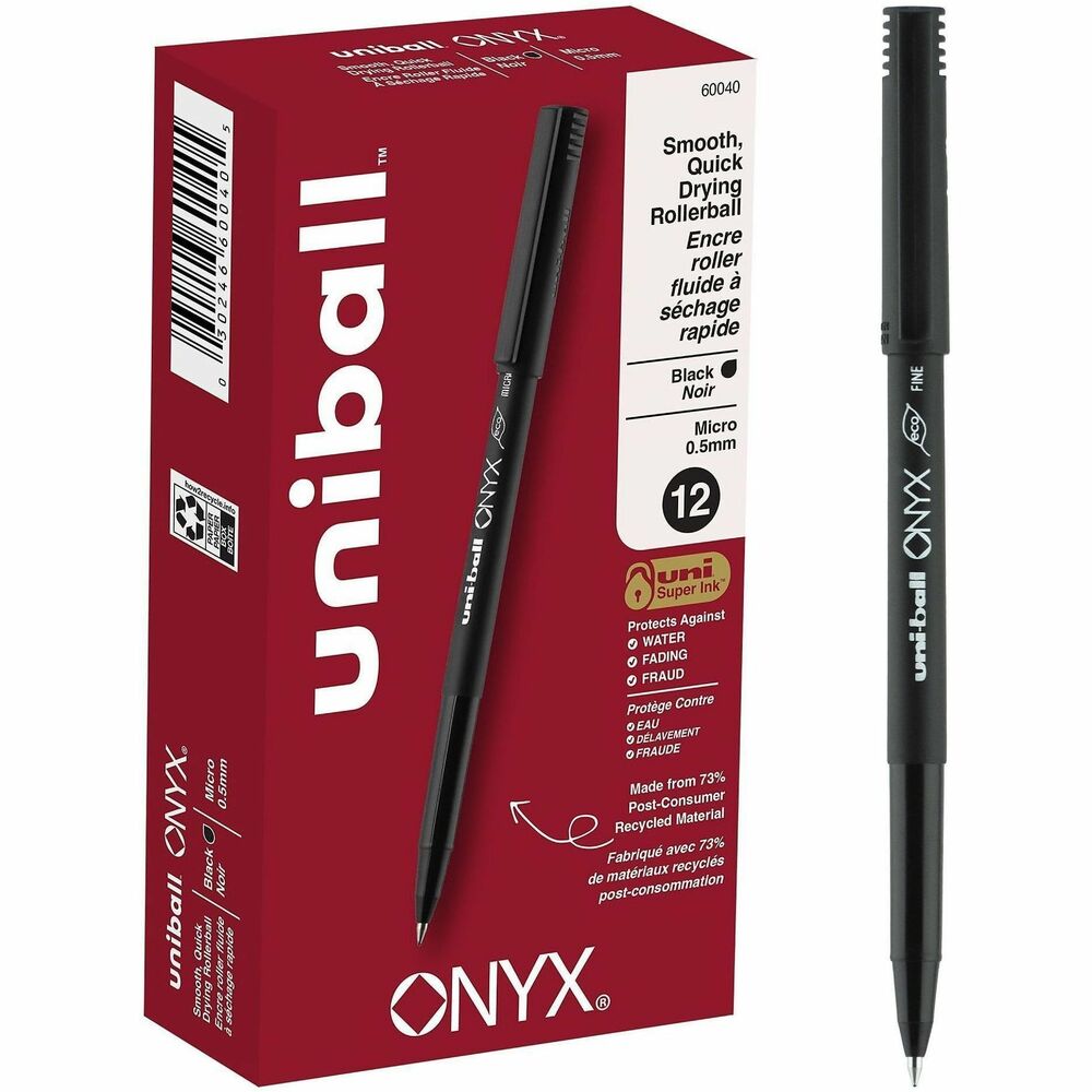 UBC60040 - Stock your office, home or classroom with Onyx Rollerball Stick Pens from uniball featuring a strong, long lasting 0.5mm micro tip. This rollerball pen delivers the silky-smooth glide of a fountain pen without smudging for effortless writing.  Micro point pens produce neat and precise lines for intricate writing, making it easy to create super fine details in your drawings and diagrams. Capped roller pens are useful for a variety of tasks from note taking to signing checks and legal documents to uniquely embellishing fun and creative writing projects. Innovative uni Super Ink technology forms a strong bond with the paper, protecting from water, fading and fraud.  A great economic and environmental choice as this super sleek micro point roller pen is made from 73% post-consumer recycled material.