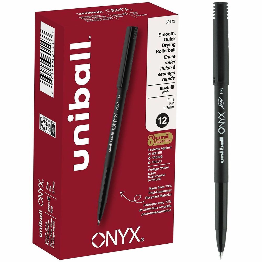 UBC60143 - Stock your office, home or classroom with Onyx Rollerball Stick Pens from uniball featuring a strong, long lasting 0.7mm fine tip. This rollerball pen delivers the silky-smooth glide of a fountain pen without smudging for effortless writing. Fine point pens deliver crisp lines with unparalleled definition, making it easy to create super fine details in your drawings and diagrams. Capped roller pens are useful for a variety of tasks from note taking to signing checks and legal documents to uniquely embellishing fun and creative writing projects. Innovative uni Super Ink technology forms a strong bond with the paper, protecting from water, fading and fraud.  A great economic and environmental choice as this super sleek fine point roller pen is made from 73% post-consumer recycled material.