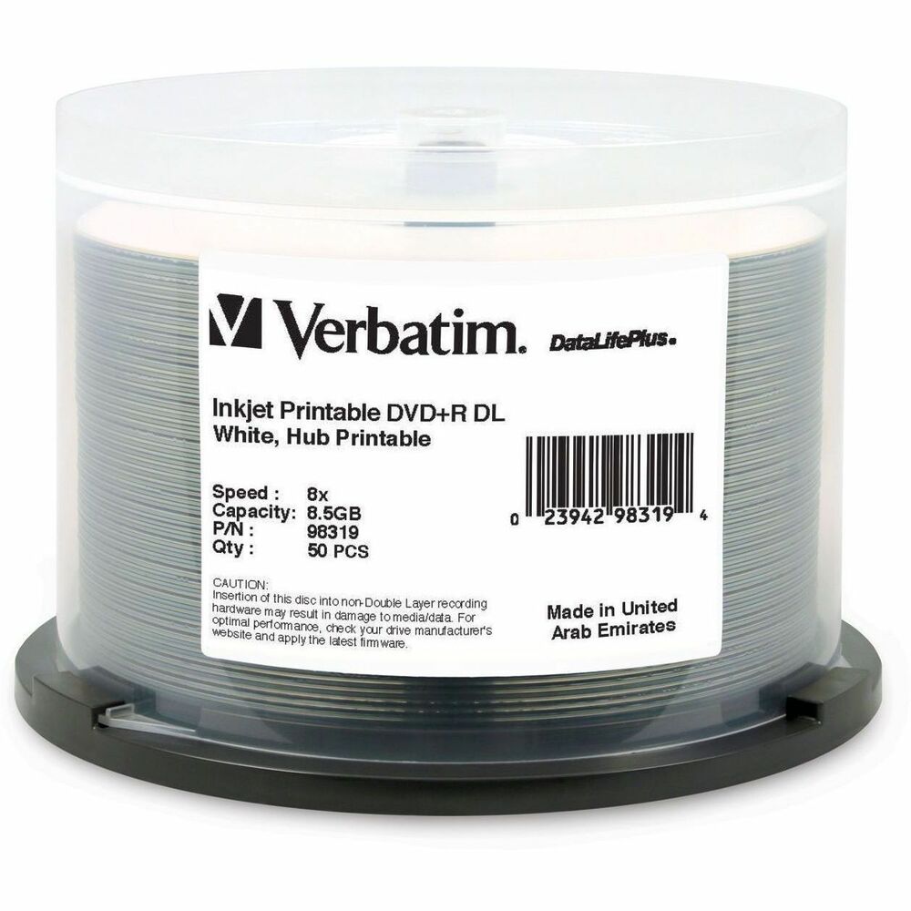 VER98319 - From the pioneer in double layer DVD technology, Verbatim introduces DVD+R Double Layer media with a white inkjet hub printable surface, ideal for edge-to-edge printing. Now you can burn 8.5GB of data or video and customize the disc label with high resolution full color images. Perfect for low volume DVD duplication, these discs can be burned up to 8X speed with compatible DL burners, saving up to 25 minutes per burn! Preferred by DVD drive manufacturers for performance, reliability and compatibility, White Hub Inkjet Printable 8X DVD+R DL discs have been tested and qualified for use with DVD/CD Inkjet printers from Epson, Primera, and Microboards.