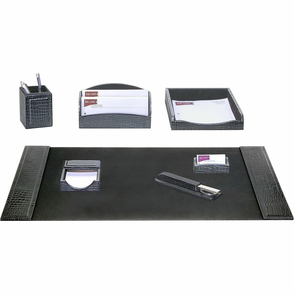 DACD2204 - Seven-Piece Desk Set features a crocodile embossed design to add a smart, sophisticated look to your desk. Leather adds professional style to any work space. Soft velveteen protects surfaces from scuffs and scratches. Desk set includes a desk pad, letter-size tray, pencil cup, memo holder, letter holder, business card holder and library set.