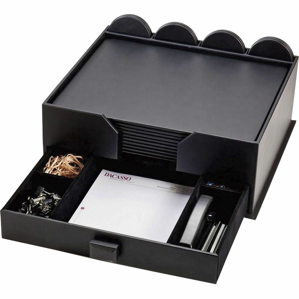 DACD1058 - 23-Piece Conference Room Set includes 10 conference pads and 12 round coasters to give each of your meeting participants their own space. Top-grain leather adds professional style to any work space. Pad holder keeps everything together. Store in the center of your table for quick access. Organizer offers handy storage space for your essential supplies. Soft, velveteen lining on the bottom of the pad holder, pads and coasters protects your surfaces from scuffs and scratches.