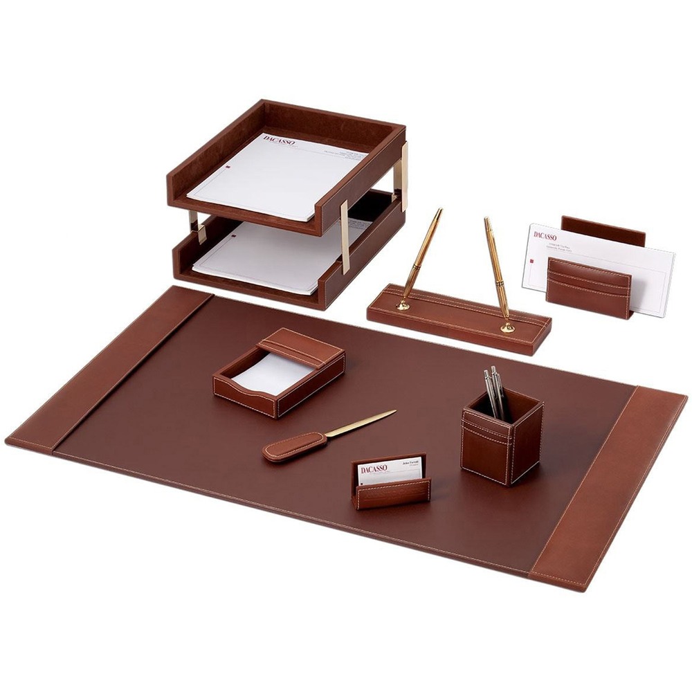 DACD3220 - 10-Piece Desk Set features an assortment of durable supplies to help you work efficiently throughout the day. Top-grain leather adds professional style to any work space. Soft velveteen protects surfaces from scuffs and scratches. Desk set includes a desk pad, two letter-size trays, pencil cup, memo holder, letter holder, business card holder, letter opener, double pen stand and stacking tray posts.