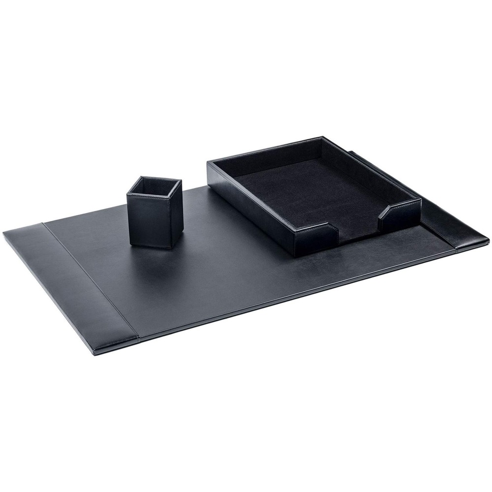 DACD1437 - Three-piece desk set features the essential items you need to keep your desktop organized and looking its best. Each piece is made with bonded leather material to offer a luxurious look that's perfect for any professional environment. Plus, they have a smooth velveteen lining for excellent protection where you need it most. Desk set includes 30" x 18" side-rail desk pad, letter-size tray and pencil cup.