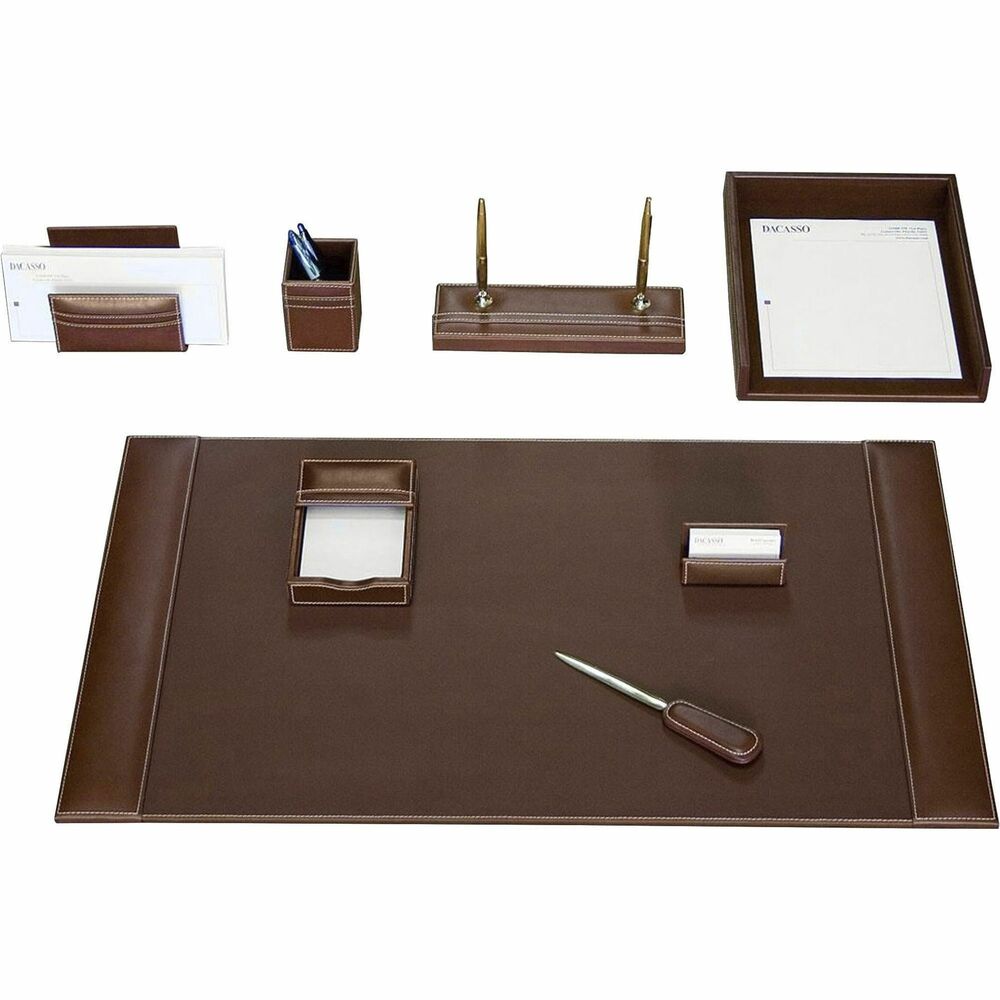 DACD3212 - Eight-Piece Desk Set features an assortment of durable supplies to help you work efficiently throughout the day. Top-grain leather adds professional style to any work space. Soft velveteen protects surfaces from scuffs and scratches. Desk set includes a desk pad, letter-size tray, pencil cup, memo holder, letter holder, business card holder, letter opener and double pen stand.