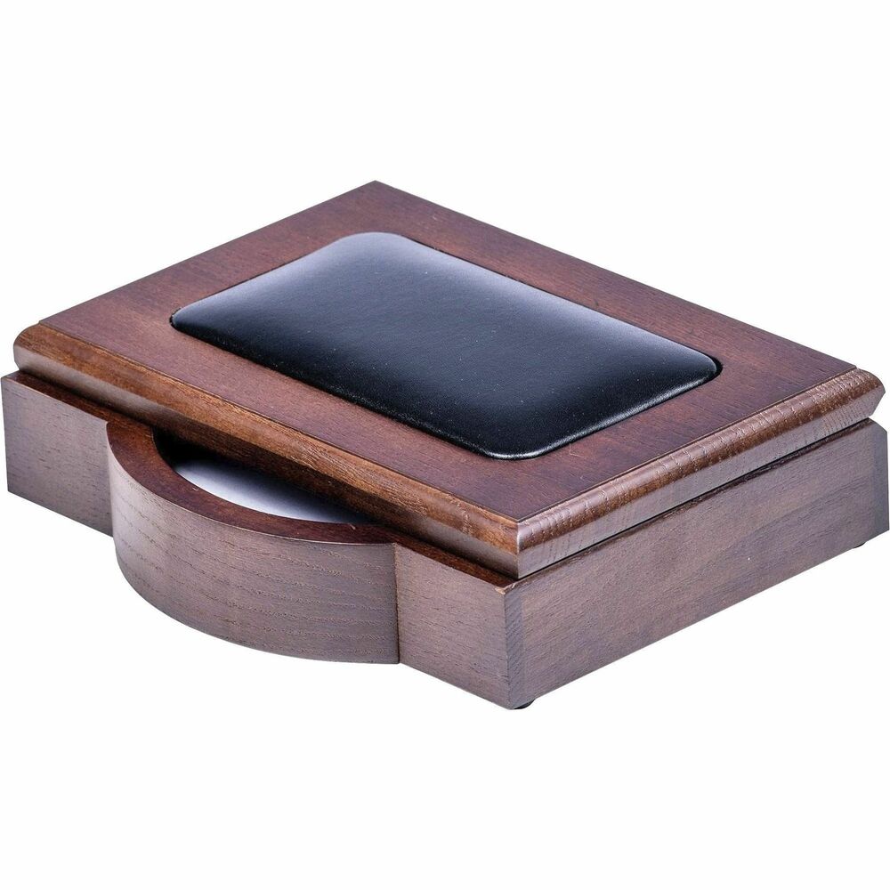 DACA8409 - Memo Holder features a wooden design with a top-grain leather inlay to keep your memos beautifully organized. Rubberized, foam dots protect surfaces from damage. Brass, hinged lid keeps paper hidden from view. Memo holder includes 100 sheets of 4" x 6" loose-leaf memo paper.