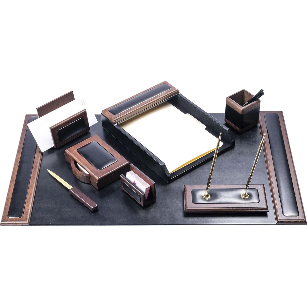 DACD8412 - Eight-Piece Desk Set features an assortment of durable supplies to help you work efficiently throughout the day. Top-grain leather adds professional style to any work space. Soft velveteen protects surfaces from scuffs and scratches. Desk set includes a desk pad, letter-size tray, pencil cup, memo holder, business card holder, letter opener, letter holder and double pen stand.