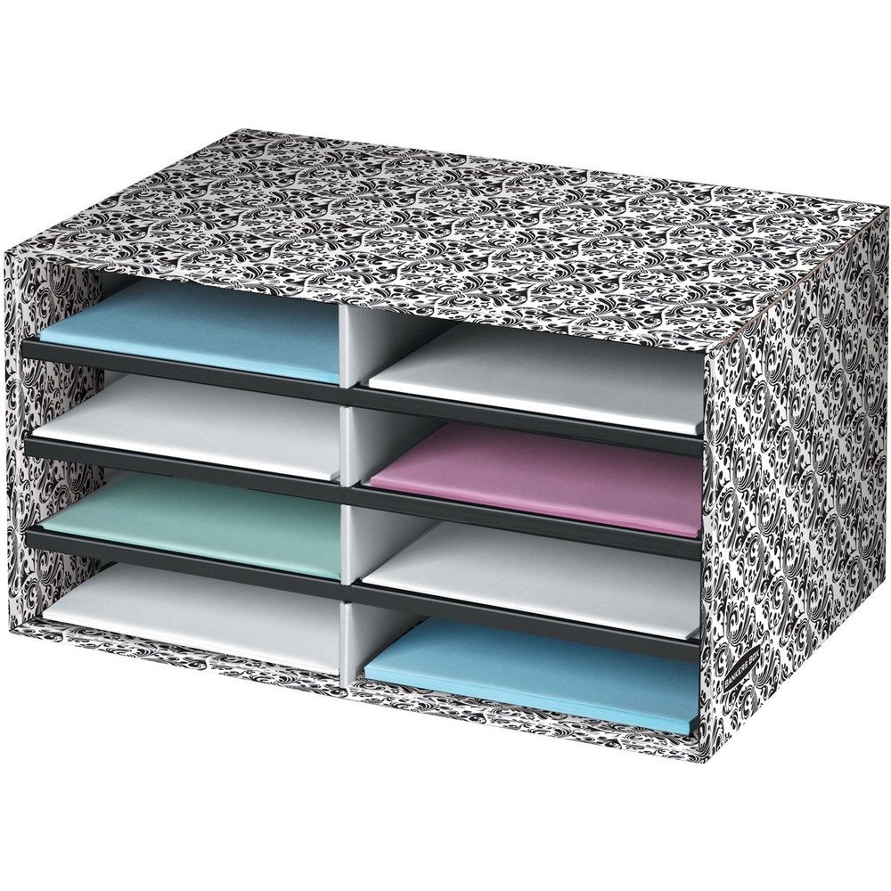 FEL6171301 - Ideal desktop organizer manages lighter workflow while organizing mail, forms or other letter-size literature in eight compartments. Each compartment measures 19-1/2" wide x 12-3/8" deep x 10-1/4" high. Stylish Brocade design in black and white blends with any decor. Organizer includes plastic channels and labels for setting up a desktop index system. More from the Manufacturer