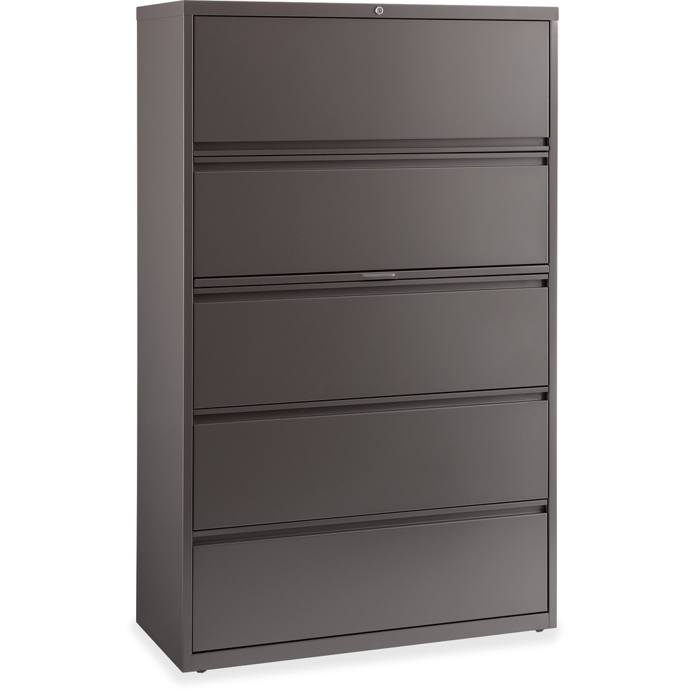 LLR60473 - 42" wide lateral file features a roll-out binder storage/posting shelf and four drawers with hanging file rails for side-to-side filing in letter-size, legal-size or A4-size. Each drawer has a magnetic label holder for easy identification where you need it. Design also features a core-removable lock for security; dual locking bars; full-width pull; ball-bearing slide suspension for smooth opening and closing; reinforced base; and four adjustable leveling guides for stabilization. Interlock system prohibits the extension of more than one drawer at a time for your safety. Counterweight prevents tipping. Lateral file meets or exceeds applicable ANSI/BIFMA standards. More from the Manufacturer
