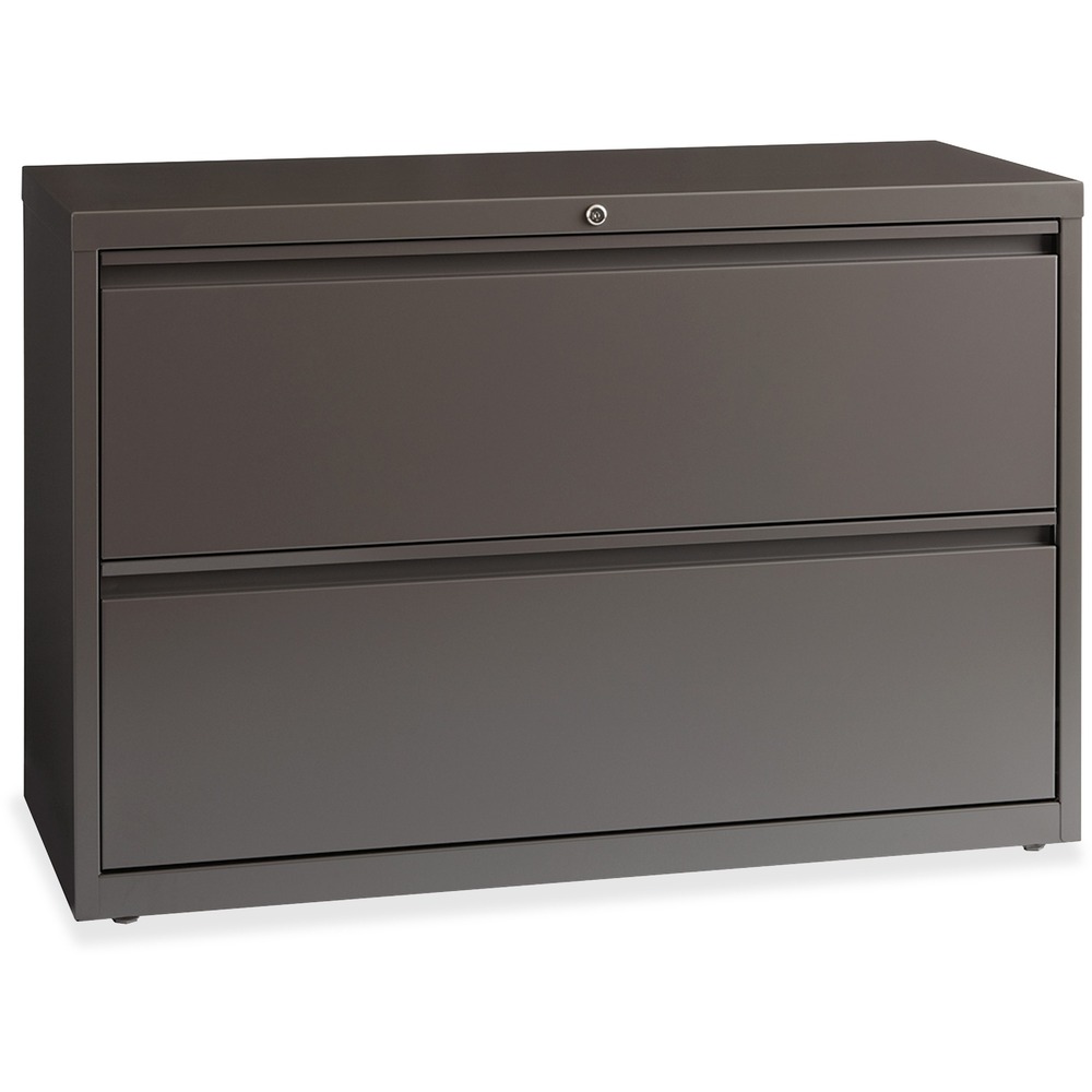 LLR60475 - 42" wide lateral file features two versatile drawers with hanging file rails for side-to-side filing in letter-size, legal-size or A4-size. Each drawer has a magnetic label holder for easy identification where you need it. Design also features a core-removable lock for security; dual locking bars; full-width pull; ball-bearing slide suspension for smooth opening and closing; reinforced base; and four adjustable leveling guides for stabilization. Interlock system prohibits the extension of more than one drawer at a time for your safety. Counterweight prevents tipping. Lateral file meets or exceeds applicable ANSI/BIFMA standards. More from the Manufacturer