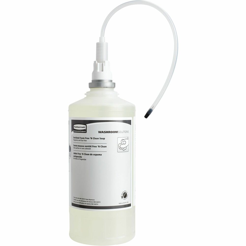 RCPFG750390 - Enriched Foam Free 'N Clean Soap Refill with skin conditioners is designed for use with Rubbermaid's One Shot System that sets the standard for quality and reliability in counter-mounted soap dispensing. Luxurious, pH-balanced soap formula encourages healthy handwashing, leaving no scent. Patented Smart Sensor technology on the dispenser (not included) detects hands and automatically delivers the perfect amount of soap. Touch-free delivery eliminates cross-contamination to help reduce the spread of germs and encourages use. Controlled dispensing of concentrated soaps eliminates overuse and costly waste. Refill delivers a high yield of handwashes - up to 2,000 per refill. Disposable hygienic refill keeps soap fresh and germ-free. Dye-free and fragrance-free refill is Green Seal certified and NSF E1 rated for food handlers.