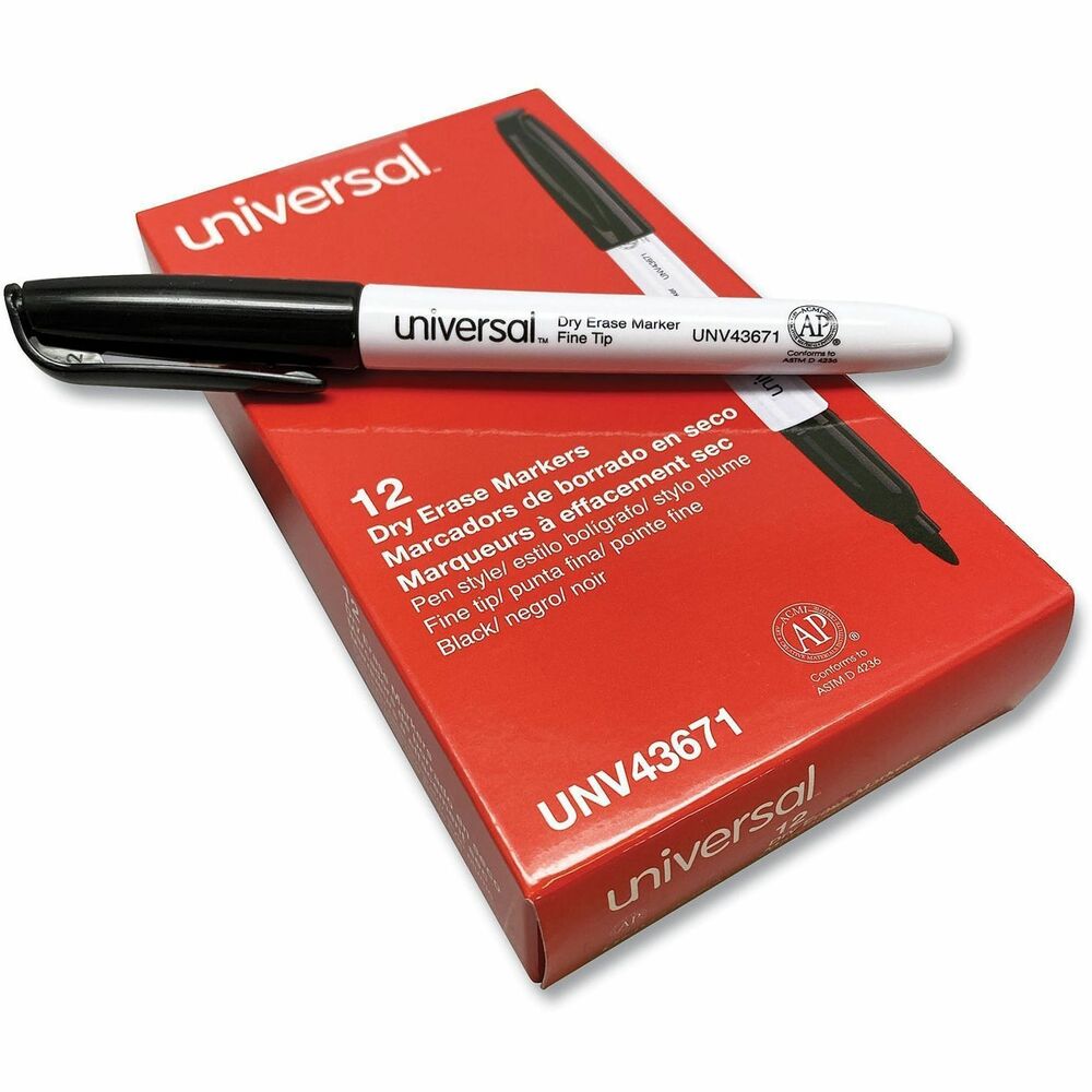 UNV43671 - These dry erase markers have a fine bullet tip that delivers sharp, legible lines, ideal for detailed writing on whiteboards and glass. Low-odor ink dries instantly and erases cleanly, reducing smears and lingering odor. Slim, pen-style barrel with cap clip offers comfortable handling and convenient portability. Non-toxic ink.