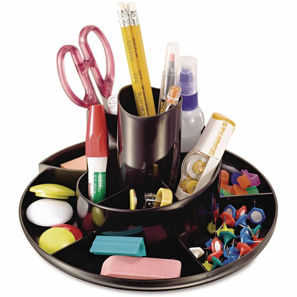 UNV08151 - This rotary desk organizer is the perfectly efficient way to store all of your most used desk supplies and keep them close at hand! This organizer has compartments to hold pens, pencils, scissors, paperclips, erasers and so much more. It easily rotates for quick access to any item and is best stored on desks, countertops or inside drawers. Most often used in schools, offices and homes.
